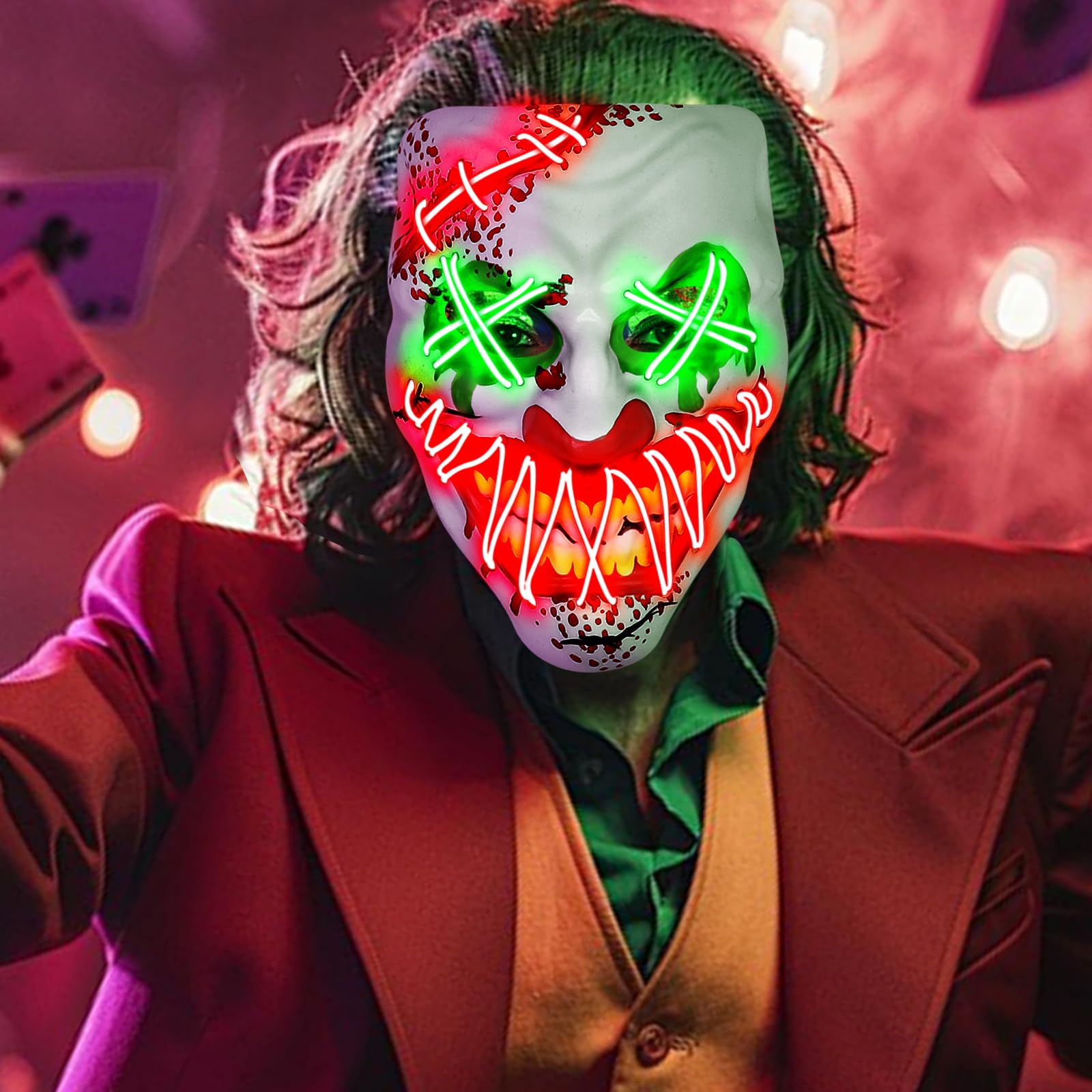 Halloween LED Clown Mask for Aldult & Kids，EL Wire Scary Purge Mask for Cosplay Costume,Light up for Festival Party