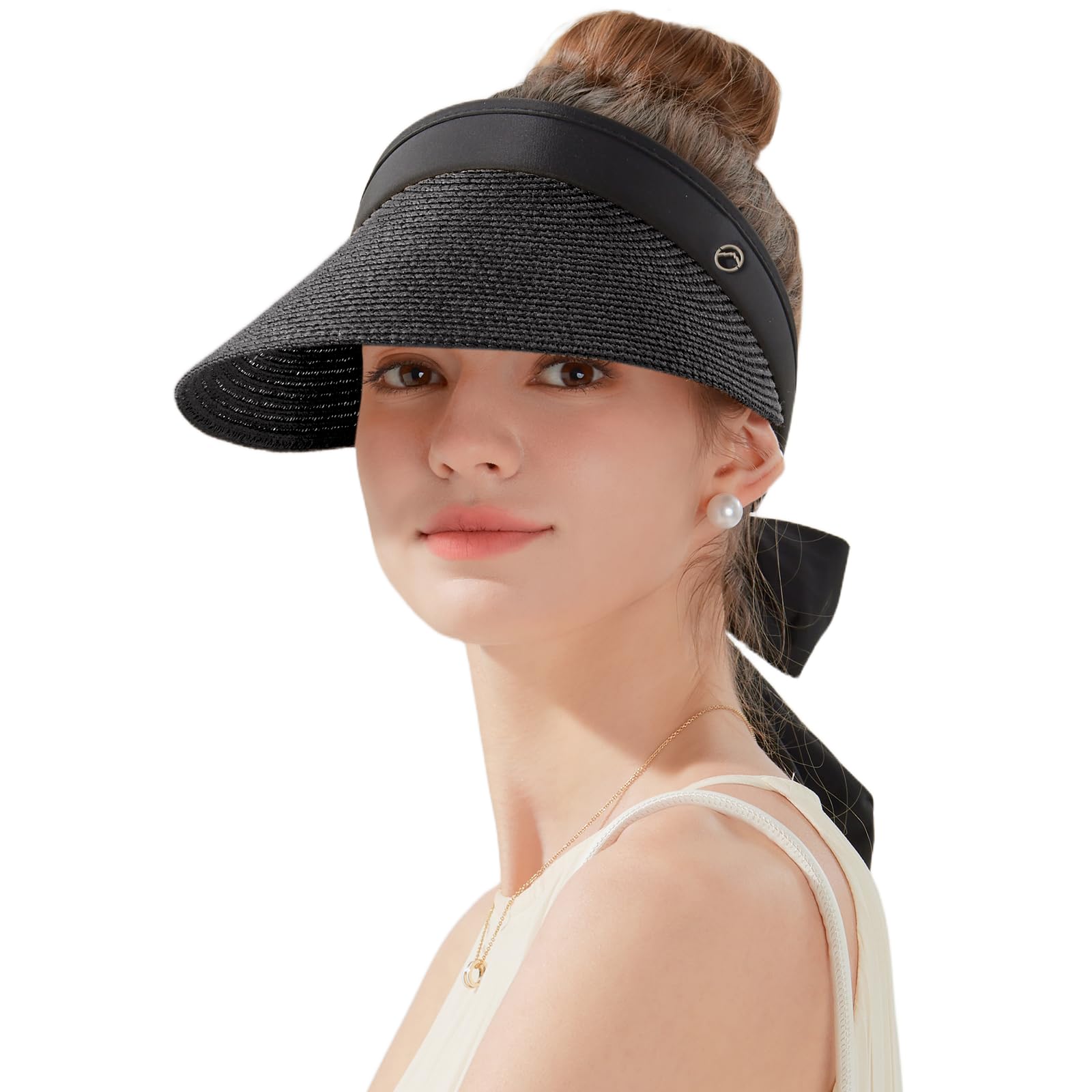 Women's Sun Visor Hats Wide Brim Straw Beach Hat Ponytail Hats for Women Foldable Floppy