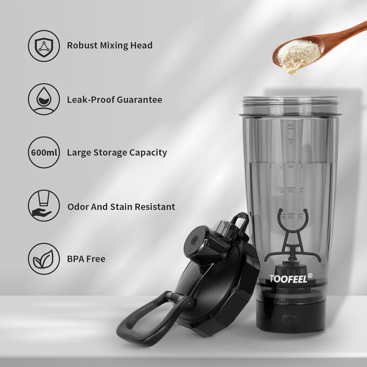 TOOFEEL Electric Protein Shaker Bottle - 20 oz USB Rechargeable, Self Stirring, BPA Free, Black