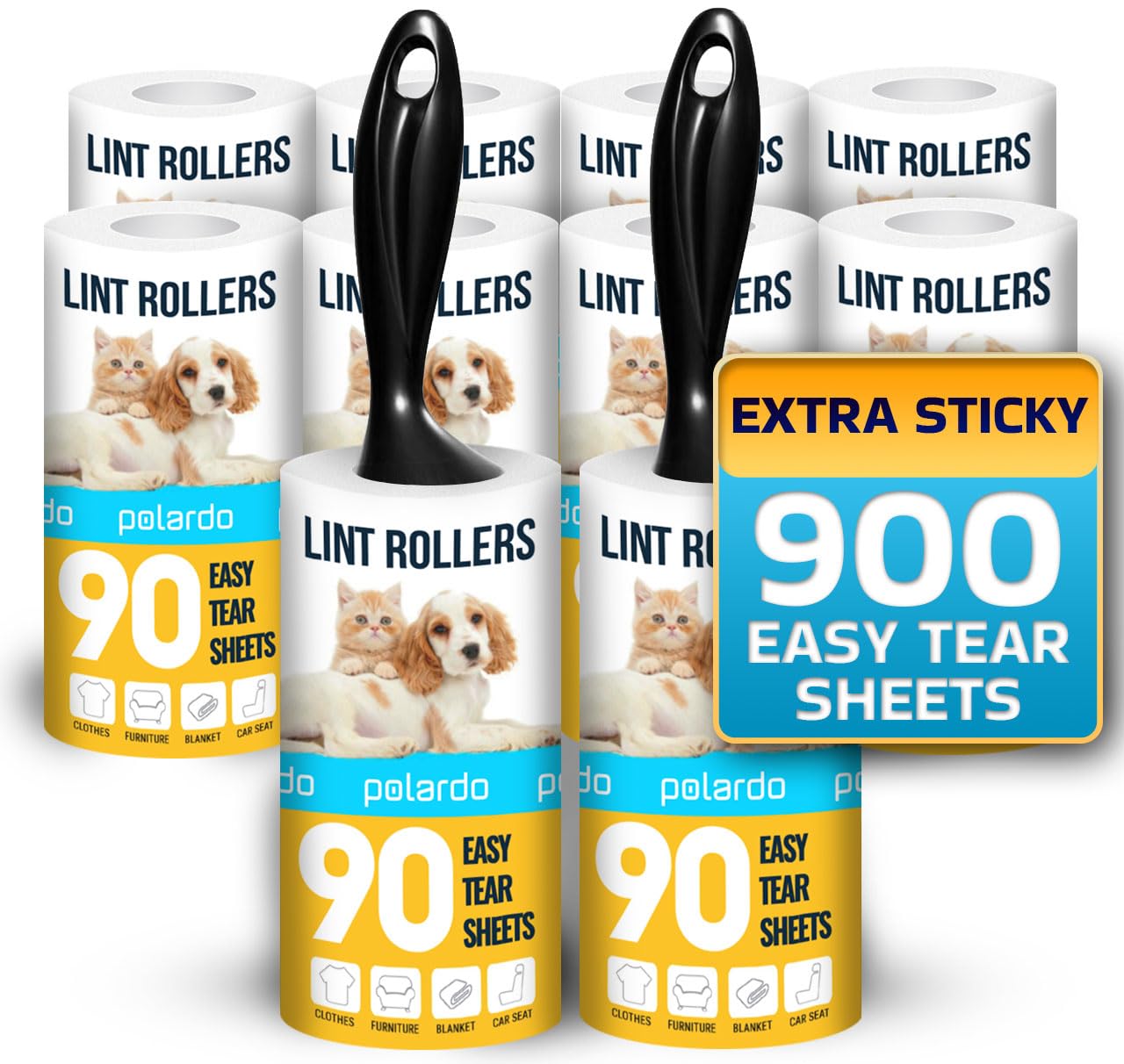 Lint Rollers for Pet Hair, Sticky, Remover for Couch, Clothes Furniture and Carpet. Dog Hair Remover Cat Hair, Animal Fur, Fuzz. 5 Large Lint Rollers