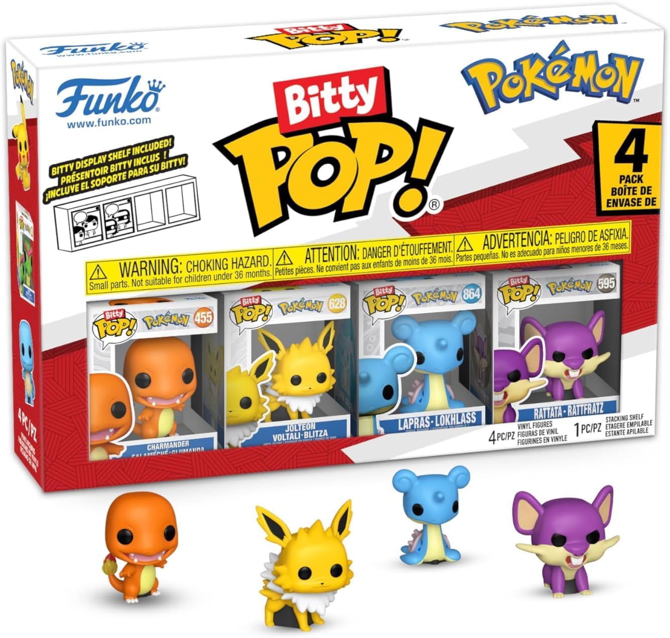 Funko Pop! Bitty: Pokemon - Charmander, Jolteon, Lapras, and Rattata - 0.9 Inch (2.2 Cm) Collectable - Stackable Display Shelf Included - Gift Idea - Party Bags Stocking