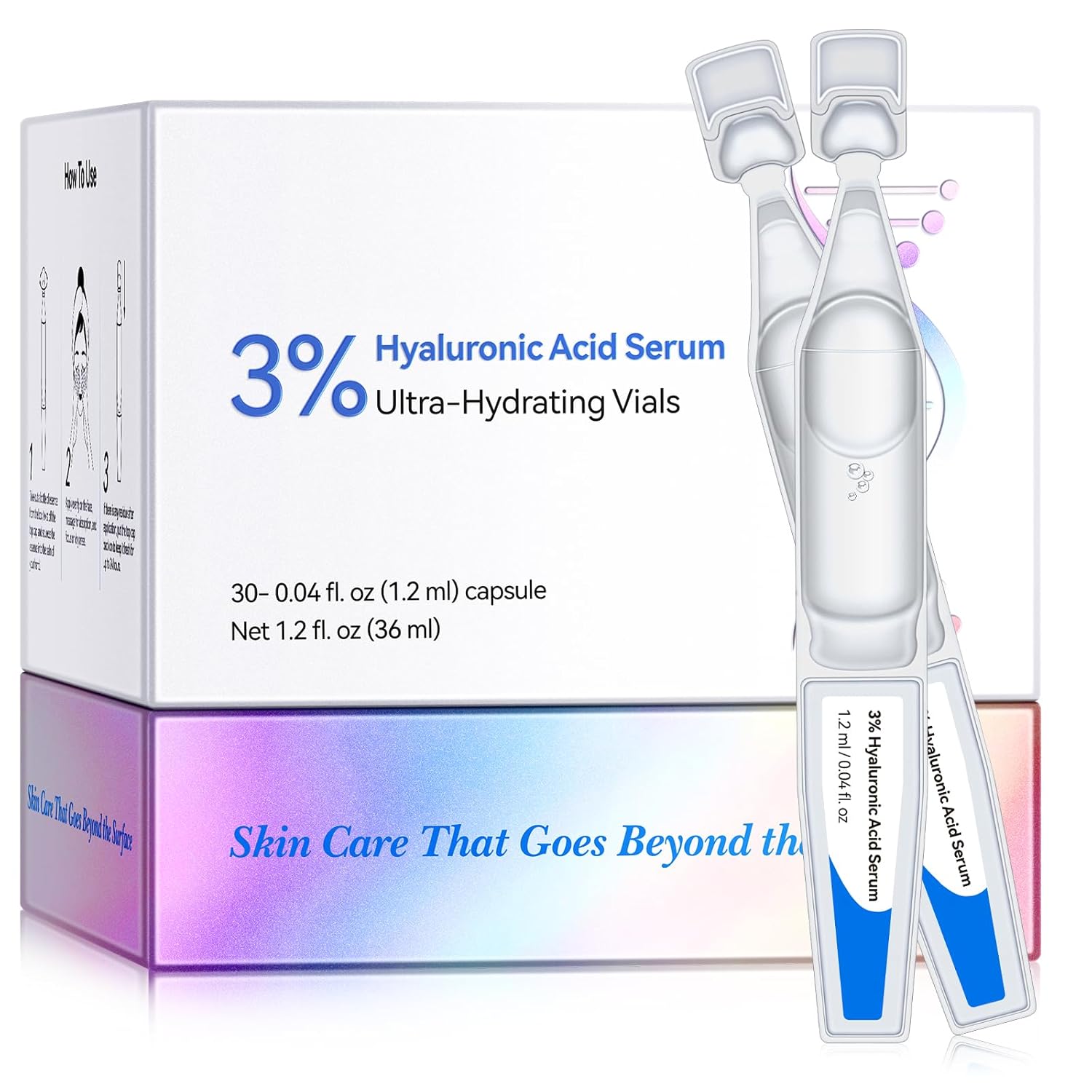 3% Hyaluronic Acid Serum for Face Ultra-Hydrating Vials Skin Care Tightes Skin, Non-greasy Formula, Absorbs Quickly, 30PCS 36ml