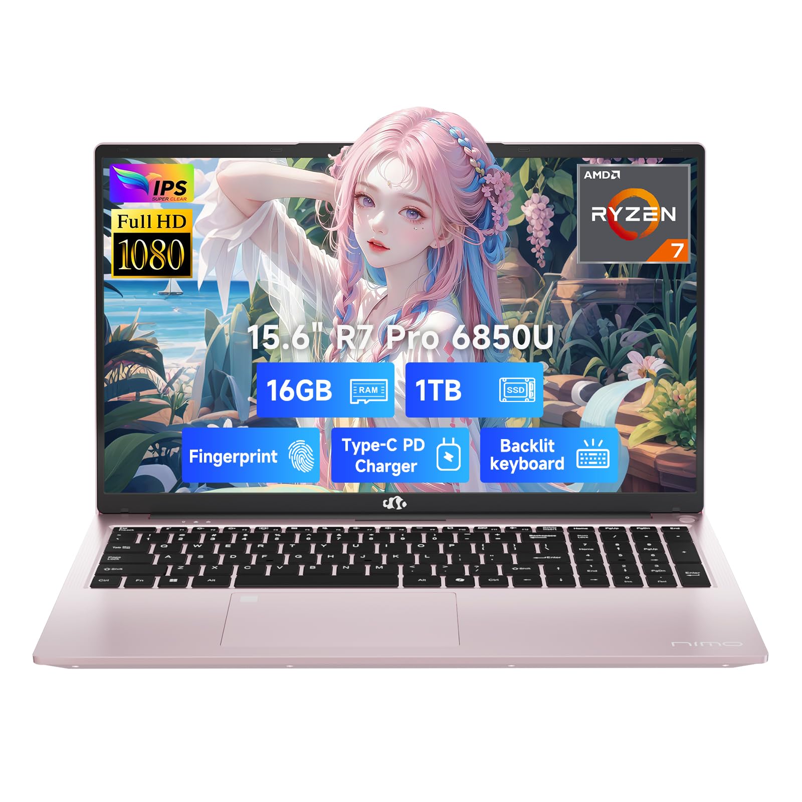 NIMO 15.6" FHD Light-Gaming-Laptop, 8 Cores AMD Ryzen 7 Pro 6850U 32GB LPDDR5 RAM 1TB SSD (Beat i7-1360P Up to 4.7GHz) GPU AMD Radeon 680M IPS Computer with 100W Type-C Backlit Keyboard Fingerprint
