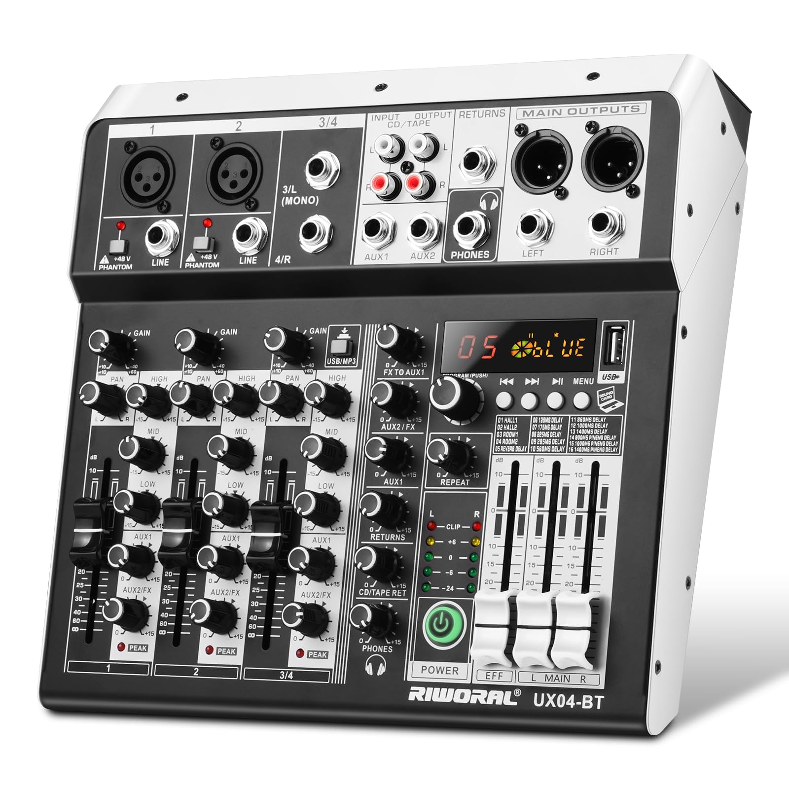 6 Channel Audio Interface Sound Board Mixing Console 16-Bit DSP DJ Mixer Audio Reverb Effect +48V Phantom Bluetooth Studio Audio Mixer For Karaoke Studio Streaming Recording