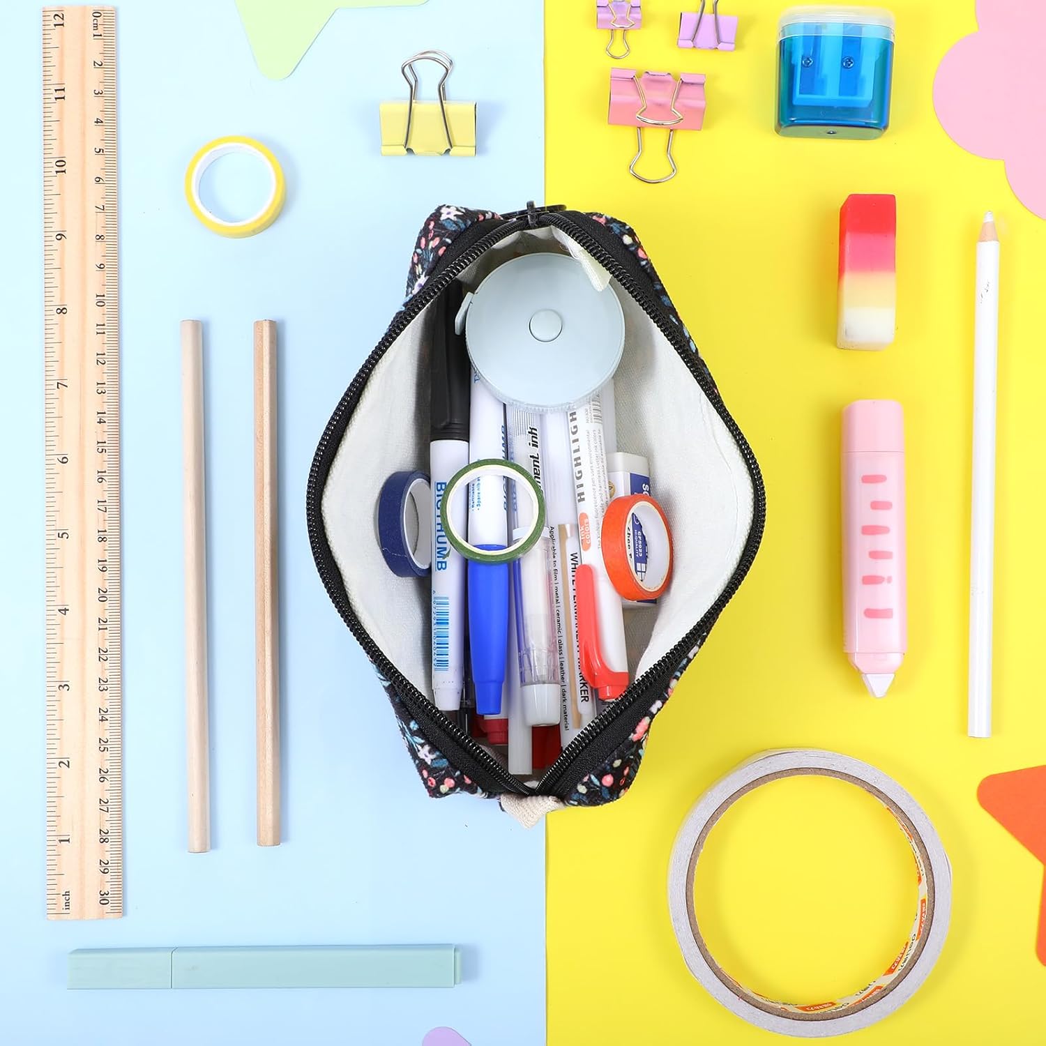 Floral Pencil Case, Retro Floral Pencil Pouch Soft Small Cosmetic Pen Bags Corduroy Pencils Bags for Office College Flower Makeup Pouch for Women Storage Purse(Black)