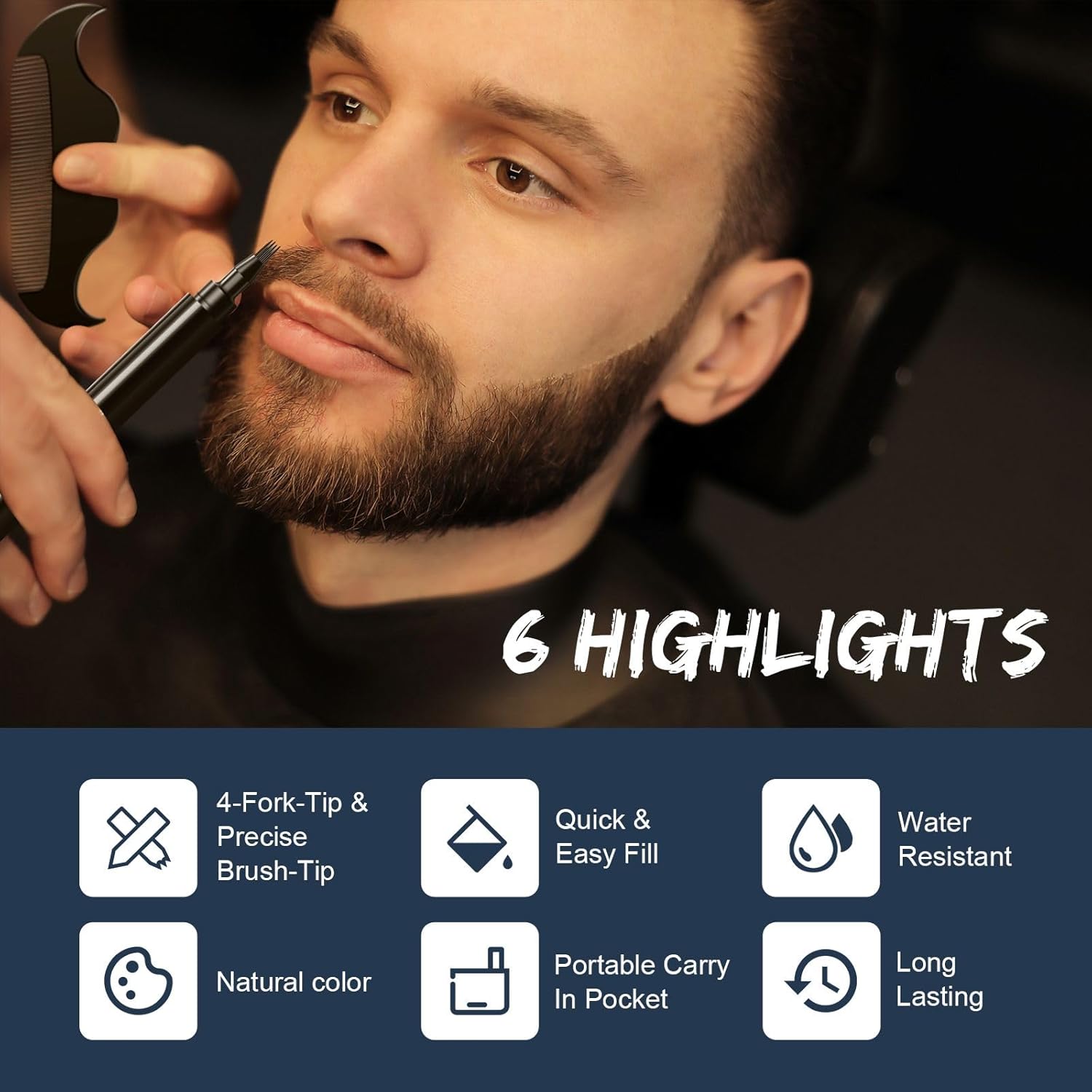 Beard Pen - Beard Pencil Filler for Men Black, Barber Pencil with Beard Brush & Comb, Dual-Head Beard Filler with 4-Fork-Tip Waterproof Mens Grooming Kits Gifts for Men, Mens Gifts Ideas (Dark Brown)