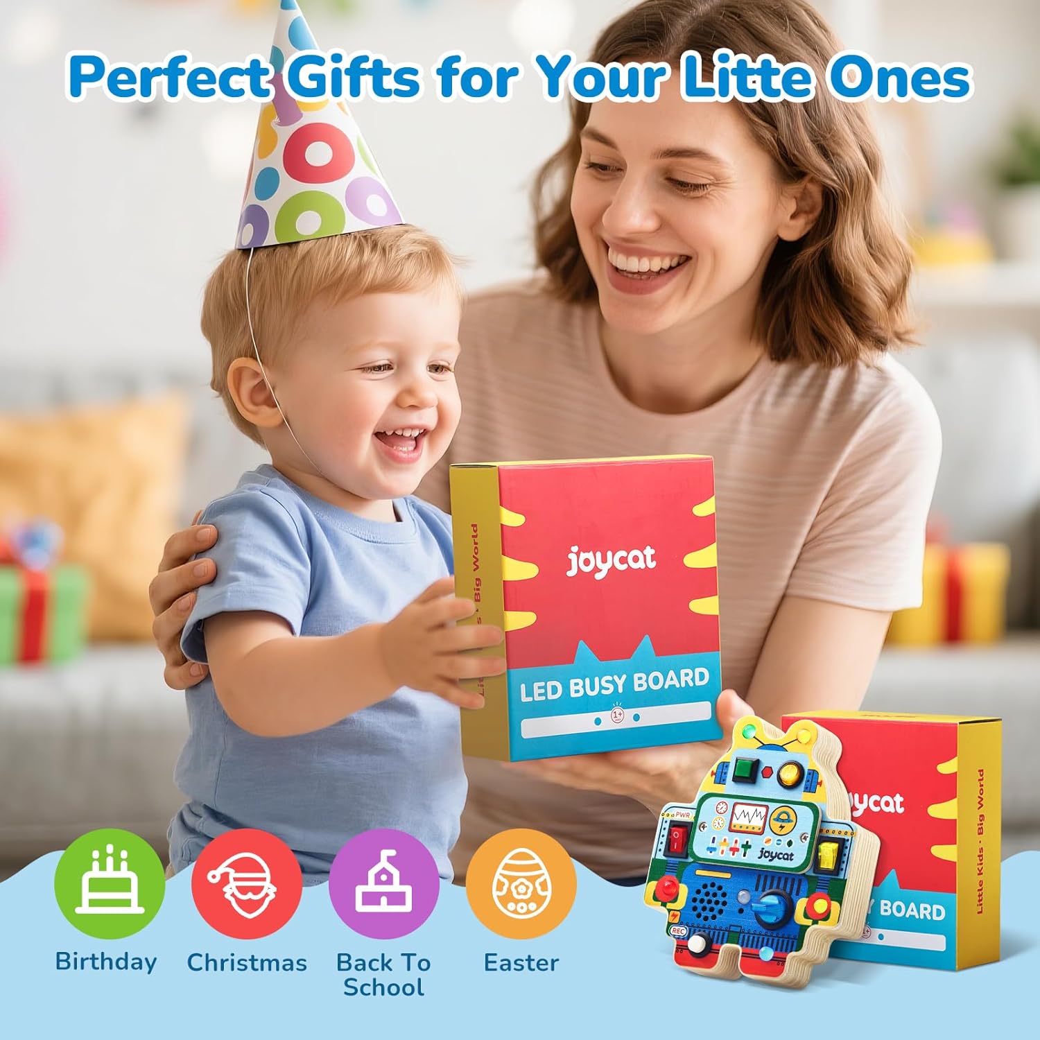 JoyCat Robot Busy Board with Led Light, Toddler Toys for 1 2 3 4 Year Old Boys and Girls, Wooden Sensory Toys with Voice Recording, Travel Toy for Toddlers 1-3, Birthday Presents