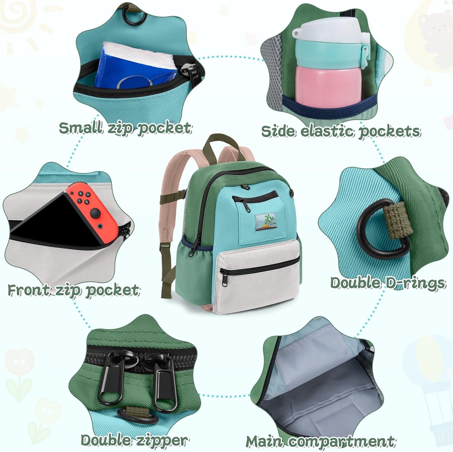 Toddler Backpack for Boys & Girls 1-3 Years, 10.5 Inch Lightweight Kids Bookbag, Waterproof Preschool Backpack for Kindergarten, Daycare, Travel, Durable Small Child School Bag, Green Grey