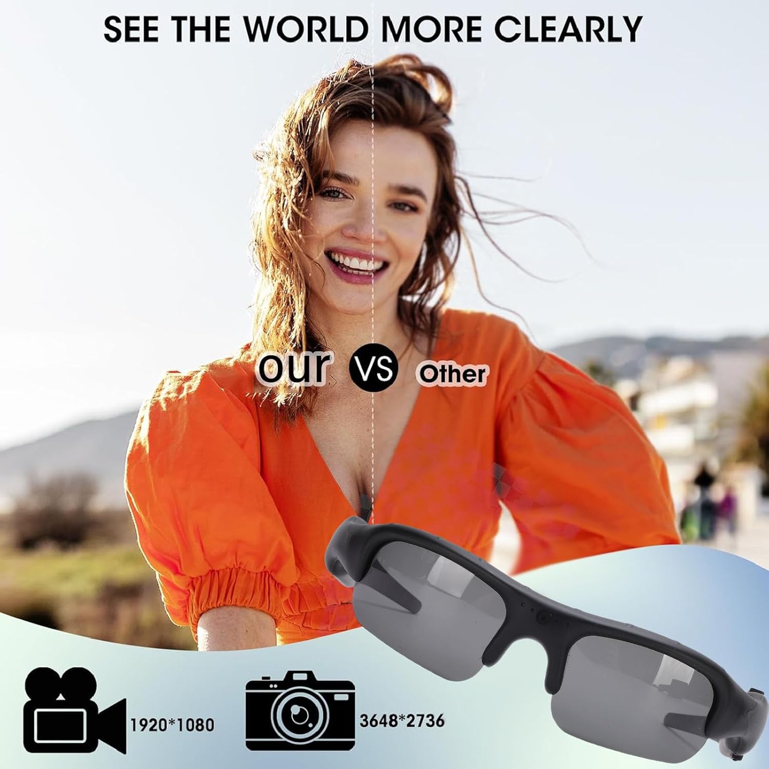 ASHATA Camera Glasses, Smart Video Glasses WiFi 1080P HD Recording 12MP Photos Polarized Sunglasses with 128GB Memory Card, for Outdoor Sports Travel Vlog