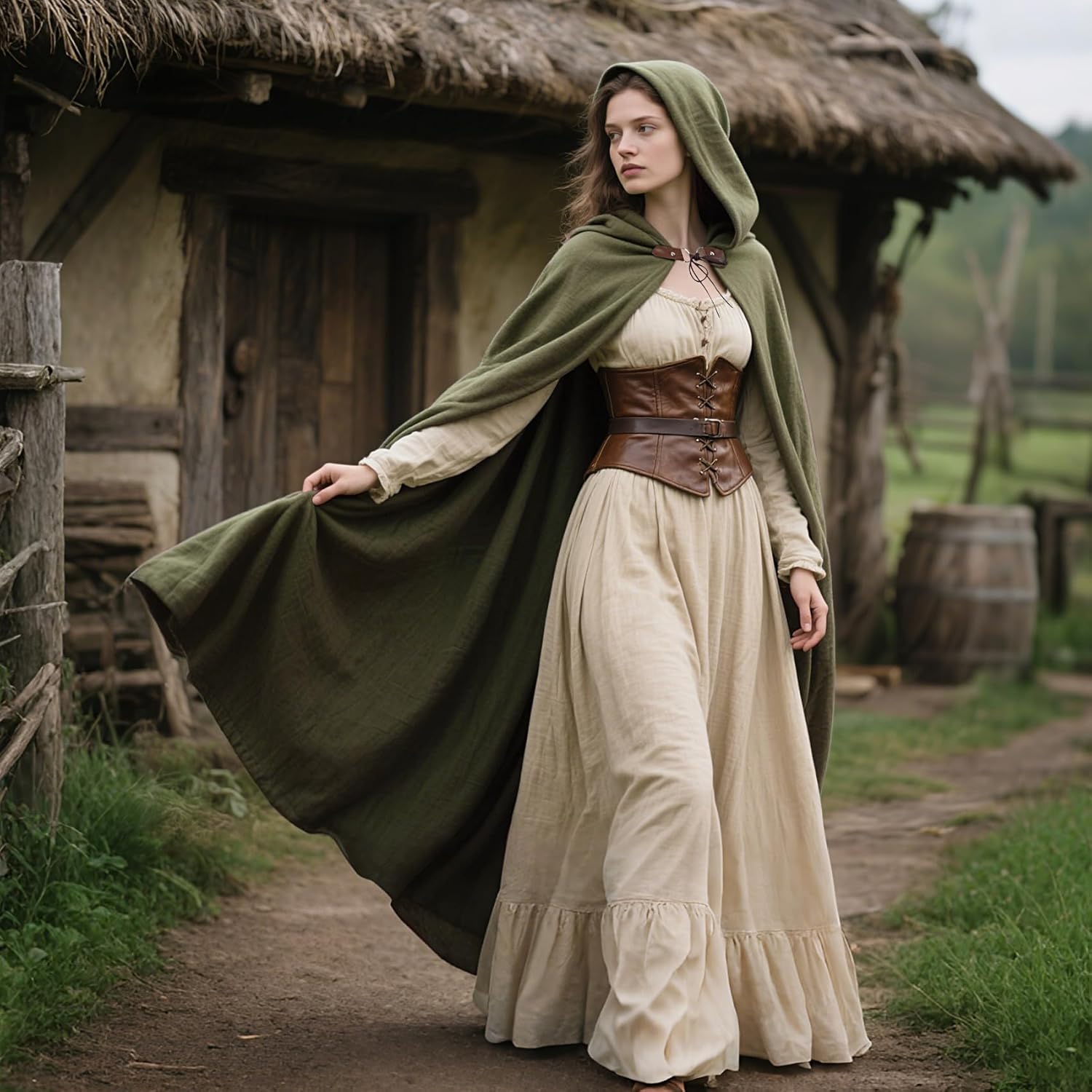 L'VOW Medieval Hooded Cloak Linen Renaissance Cape with Hood - Halloween Hobbit Cosplay Witch Wizard LARP