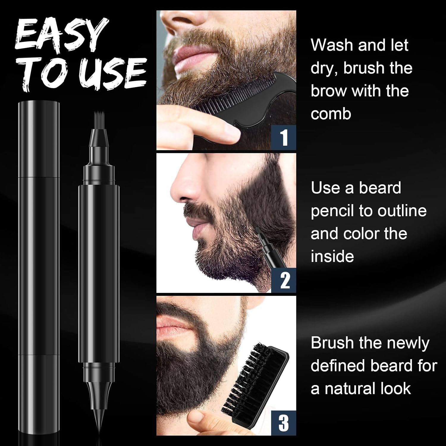 Beard Pen - Beard Pencil Filler for Men Black, Barber Pencil with Beard Brush & Comb, Dual-Head Beard Filler with 4-Fork-Tip Waterproof Mens Grooming Kits Gifts for Men, Mens Gifts Ideas (Dark Brown)