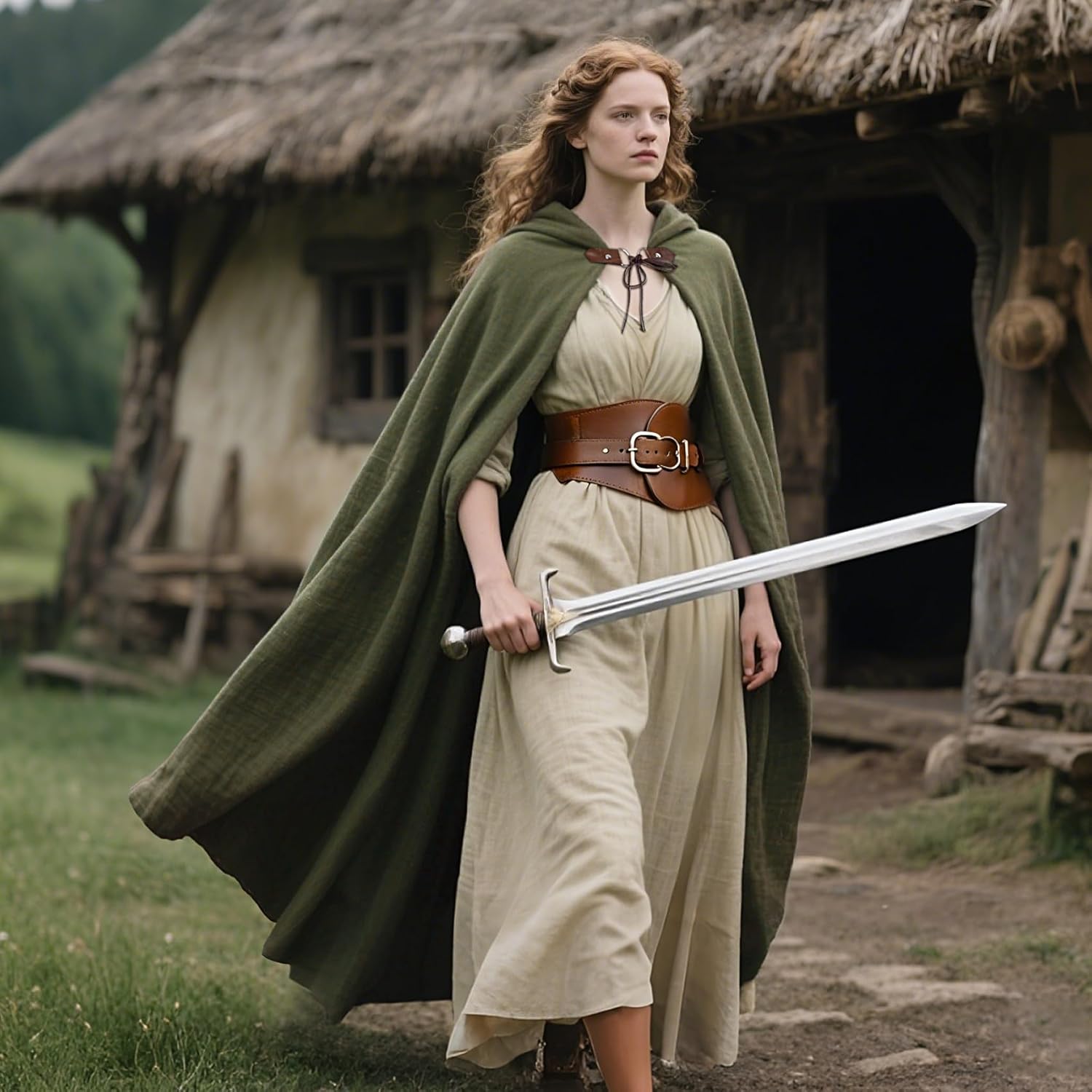 L'VOW Medieval Hooded Cloak Linen Renaissance Cape with Hood - Halloween Hobbit Cosplay Witch Wizard LARP