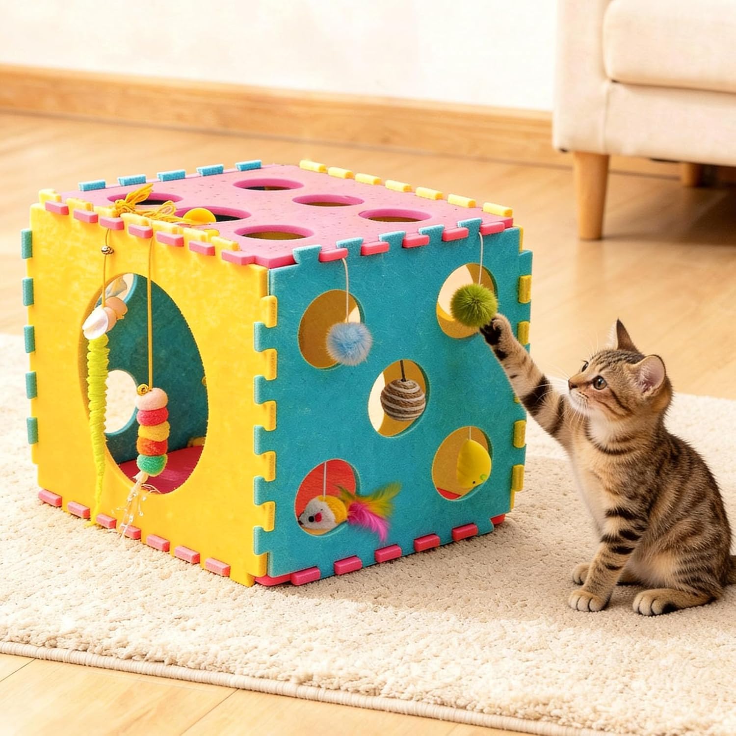 41 Pcs Interactive Cat Toys for Indoor Cats, Kitten Toys with Cute Cat House Bed, Catnip Toys, Chew Rope, Feather Wand, Springs and Balls for Indoor Kittens