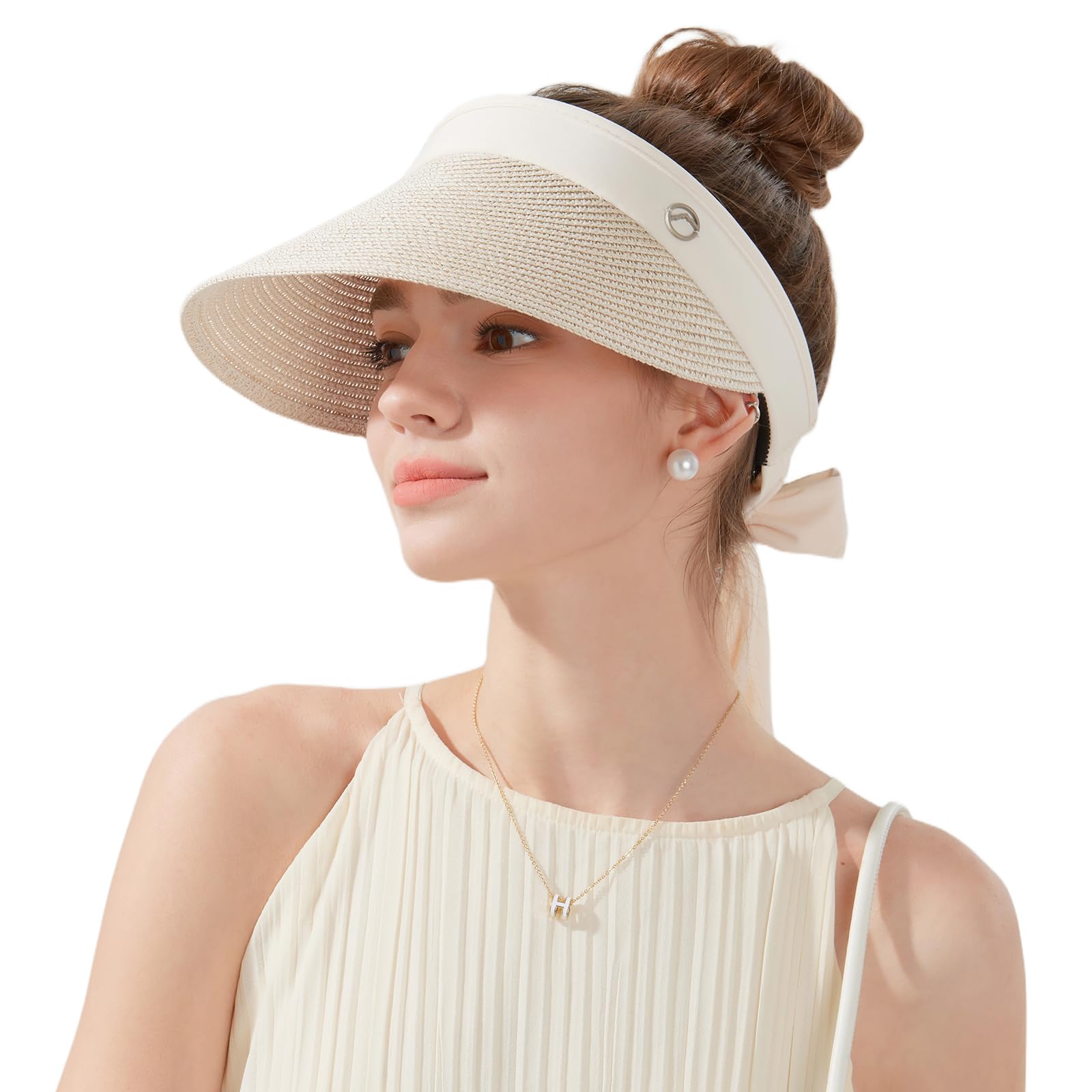 Women's Sun Visor Hats Wide Brim Straw Beach Hat Ponytail Hats for Women Foldable Floppy