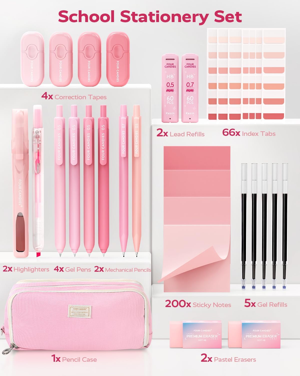 Four Candies Pink School Supplies with Case, Gel Pens with Black Ink, Correction Tapes, Pastel Highlighters, Mechanical Pencils, Sticky Notes, Index Post for Bible Study Stationary College Essentials