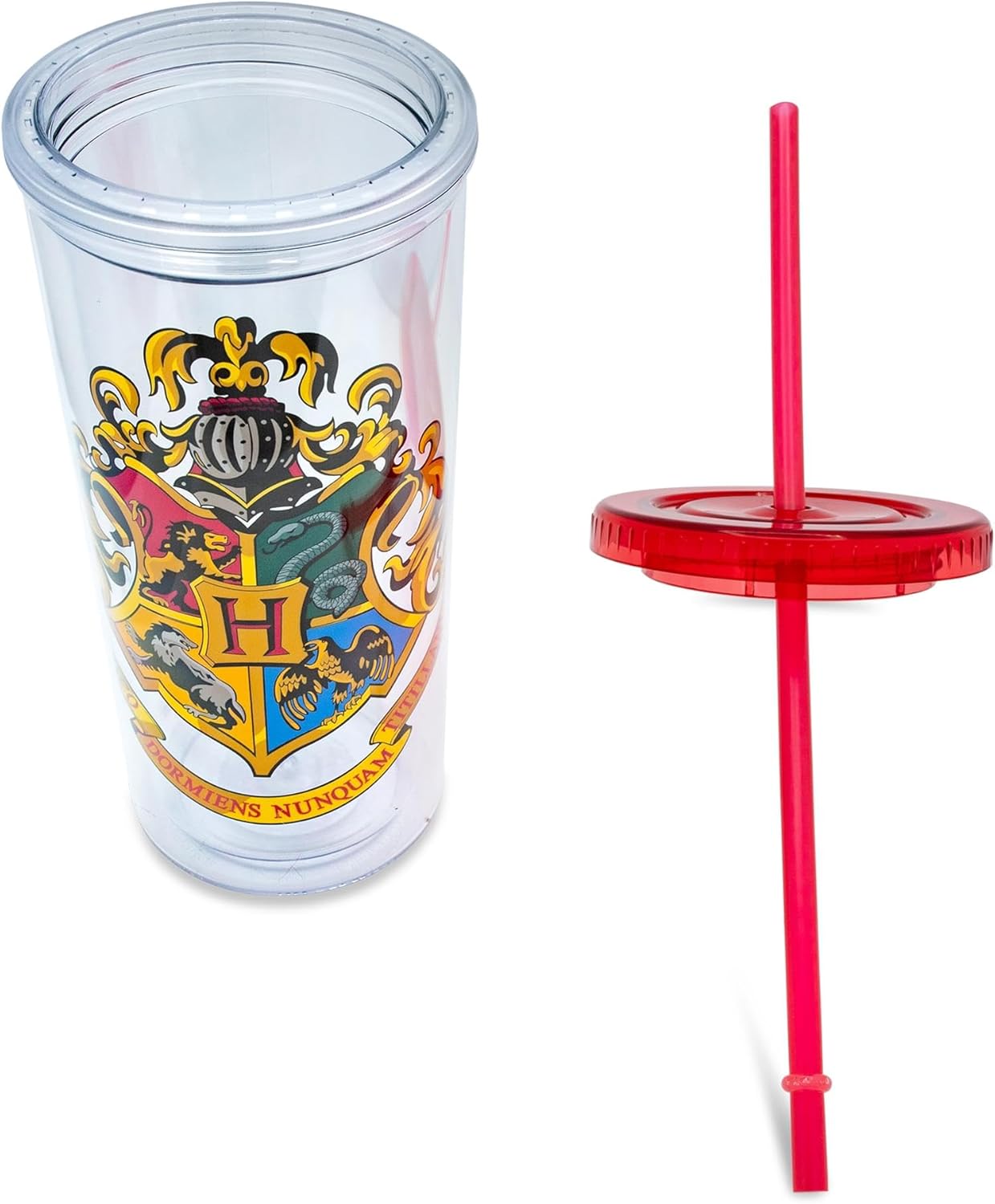 Harry Potter Hogwarts Crest Plastic Carnival Cup With Leak-Resistant Lid and Reusable Straw | Double-Walled Travel Tumbler For Drinks | Holds 20 Ounces