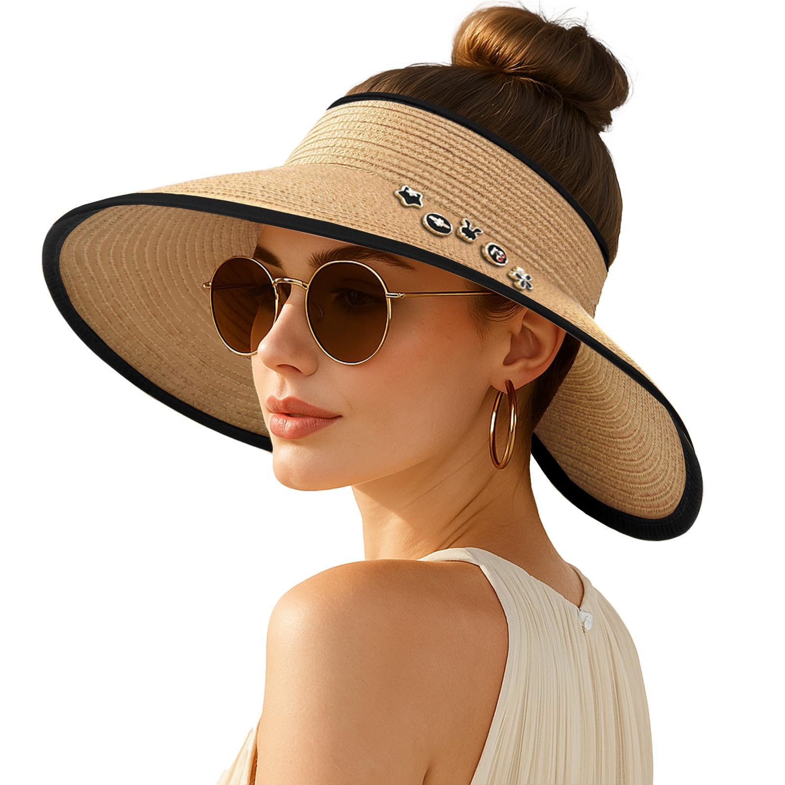 Women's Sun Visor Hats Wide Brim Straw Beach Hat Ponytail Hats for Women Foldable Floppy