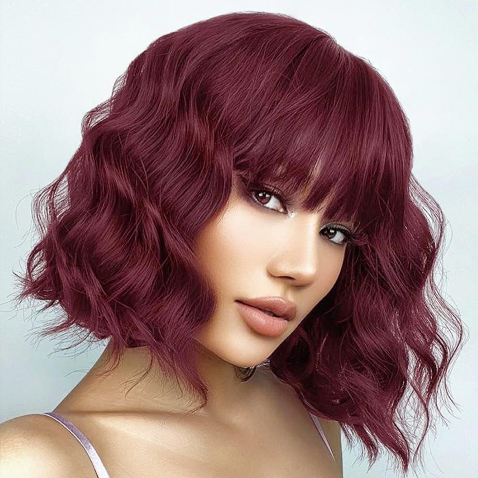 andromeda Purple Wig with Bangs Soft Short Bob Wavy Wigs for Women Synthetic Shoulder Length Women's Curly Wigs for Halloween Costumes Cosplay Daily (Purple)