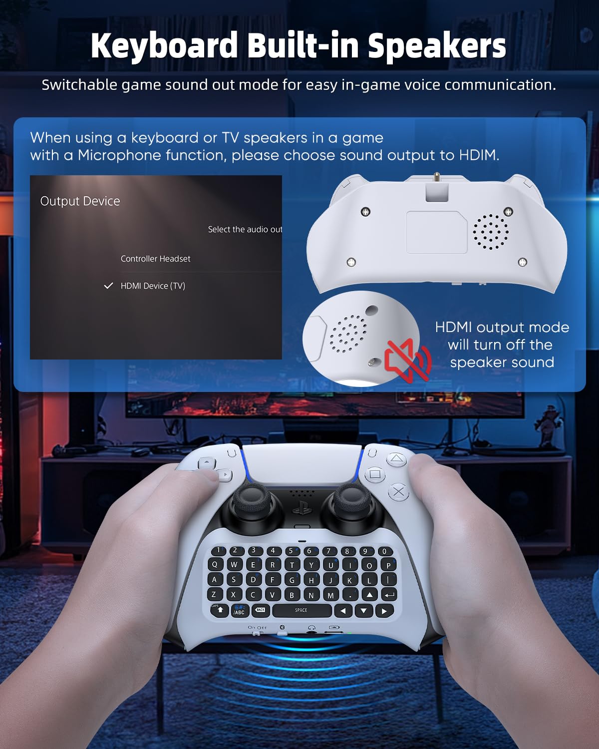 Wireless Controller Keyboard for PS5/PS5 Pro, Bluetooth 3.0Mini Portable Gamepad Chatpad with Built-in Speaker&3.5MM Audio Jack for PS5/PS5 Pro Voice Chat Board for Messaging&Gaming Live Chat (White)