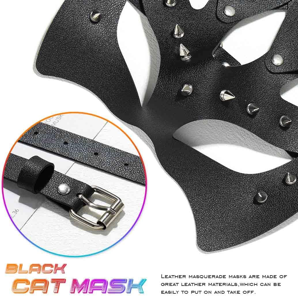CLOACE Black Leather Masks Rivet Masquerade Cat Mask Eye Covers Halloween Costume Eye Accessory (Black)