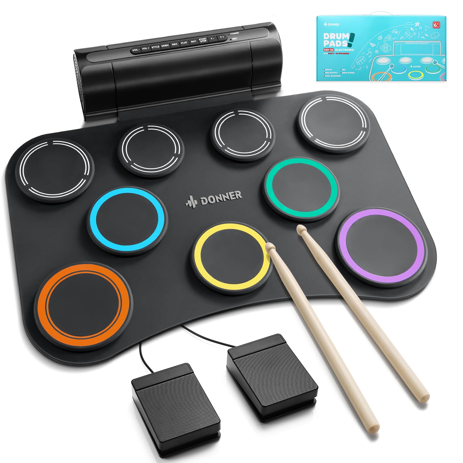 Donner Electronic Drum Set, 7 Pads Electric Drum Pad Roll Up Quiet Drum Pad Built-in Speaker, 40 Drum Lessons Included, Kids Holiday Christmas & Birthday Gift Instrument Toys(DED-20)