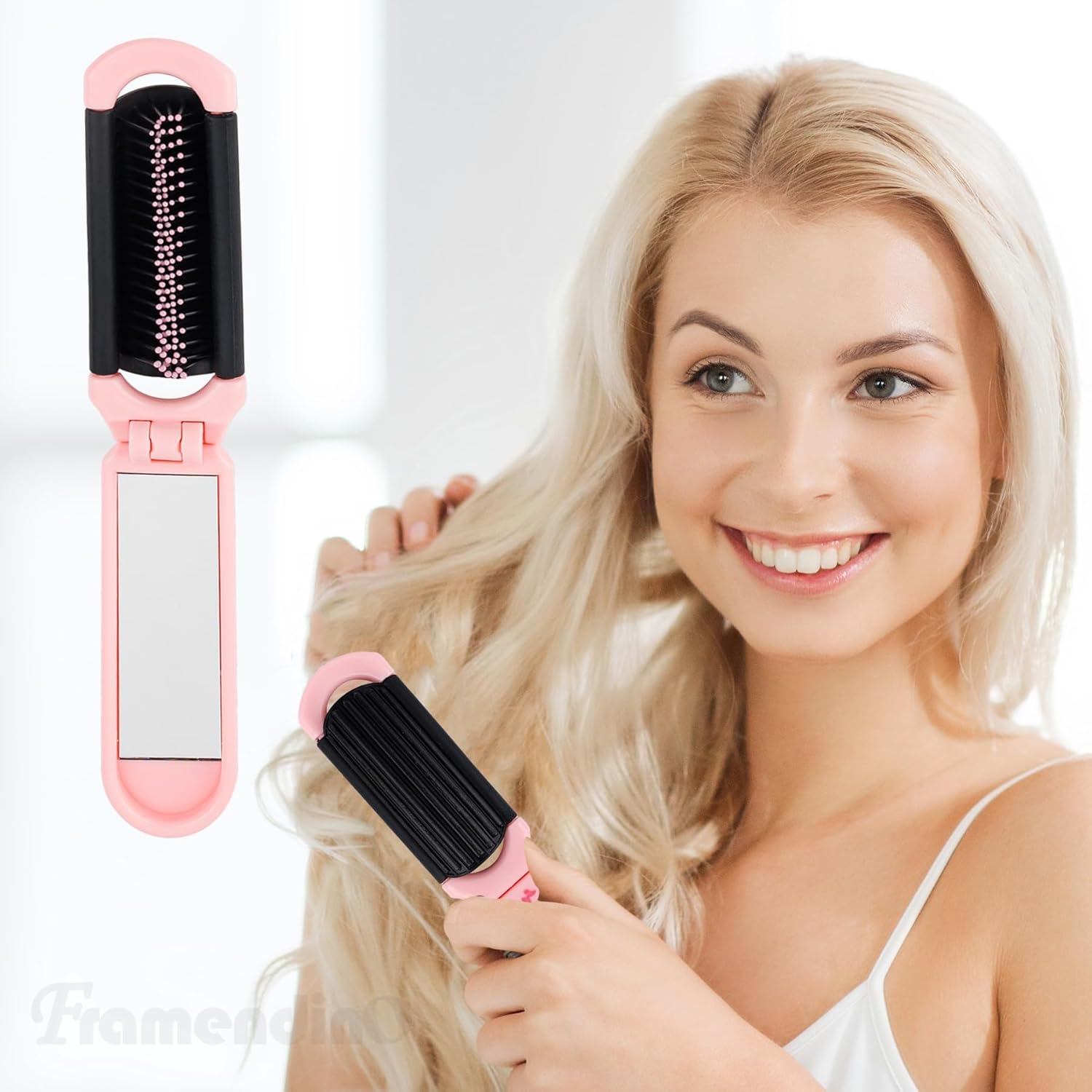 Framendino, 2 Pack Travel Hair Brush With Mirror Portable Folding Pocket Collapsible Compact Comb for Women Pink