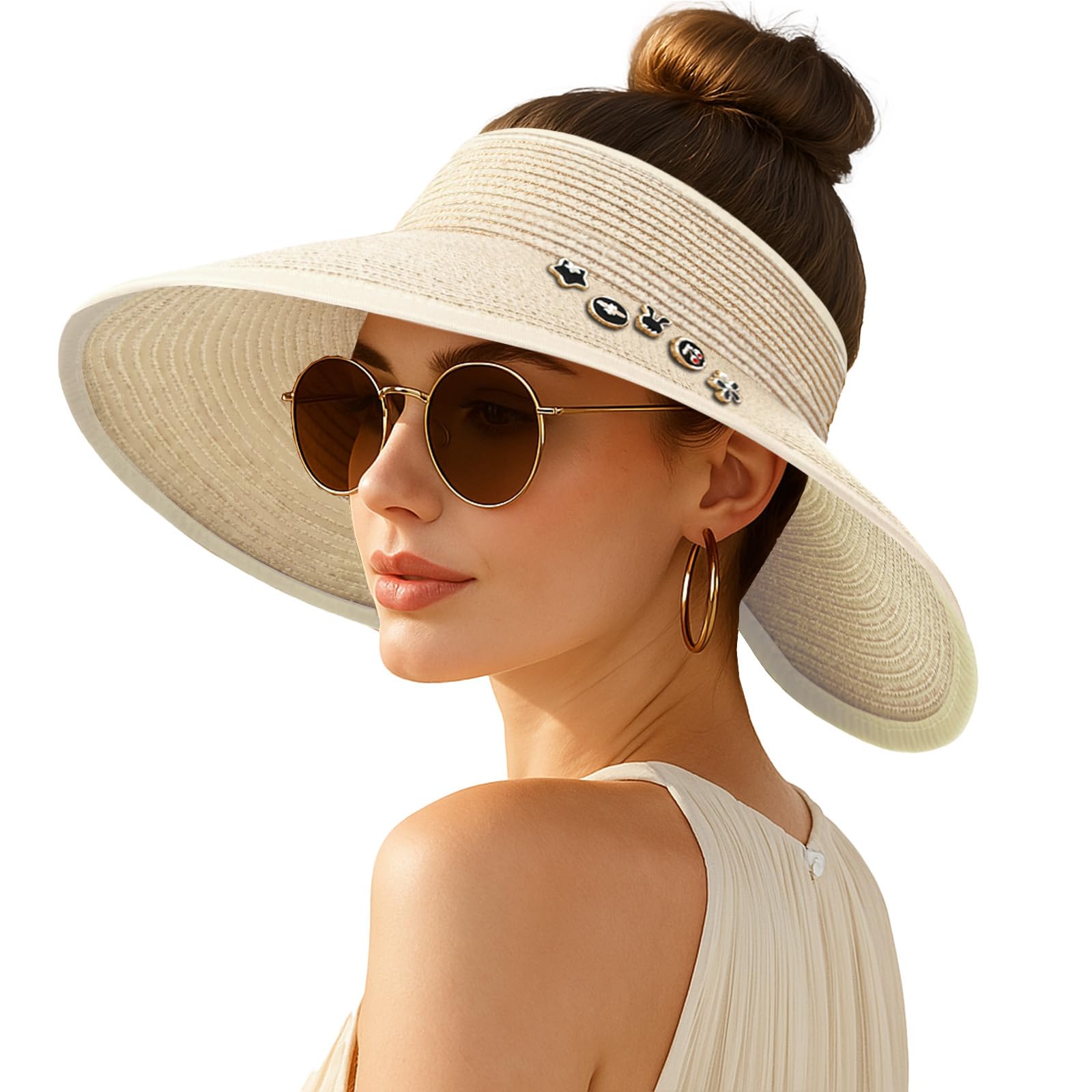 Women's Sun Visor Hats Wide Brim Straw Beach Hat Ponytail Hats for Women Foldable Floppy