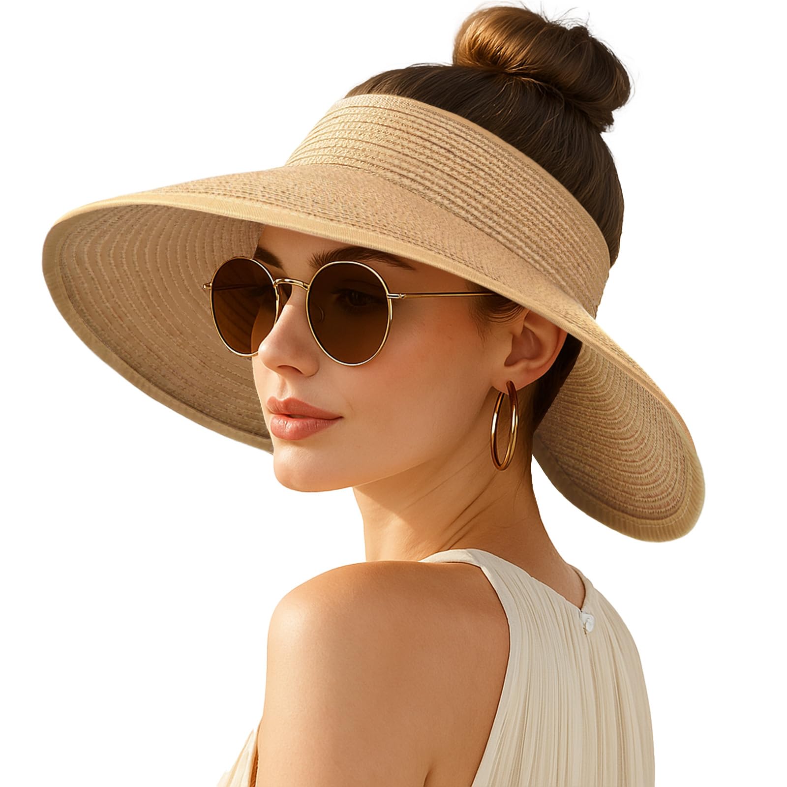 Women's Sun Visor Hats Wide Brim Straw Beach Hat Ponytail Hats for Women Foldable Floppy