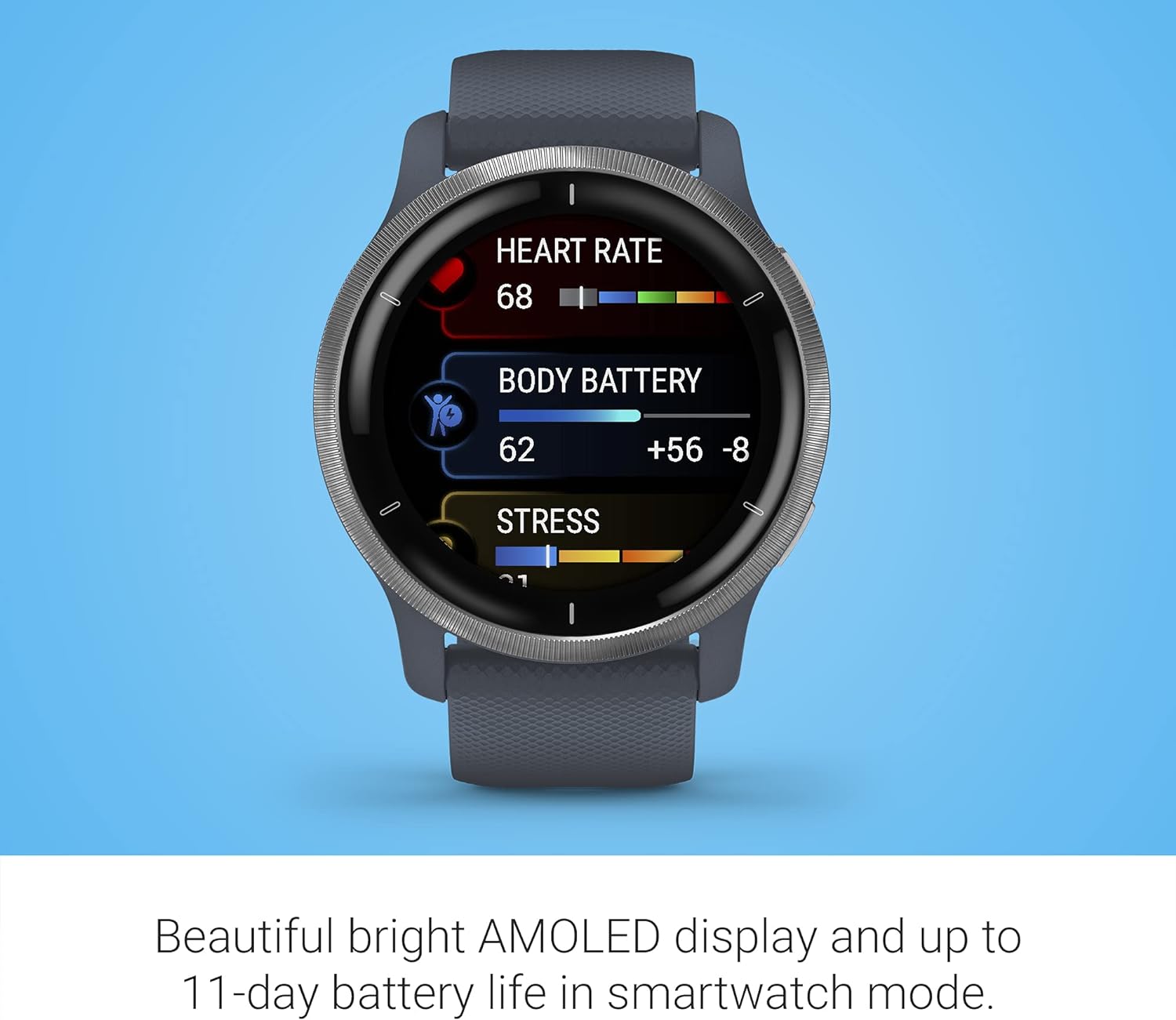 Garmin Venu 2 (Renewed), GPS Smartwatch with Advanced Health Monitoring and Fitness Features, Silver Bezel with GraniteBlue Case and Silicone Band