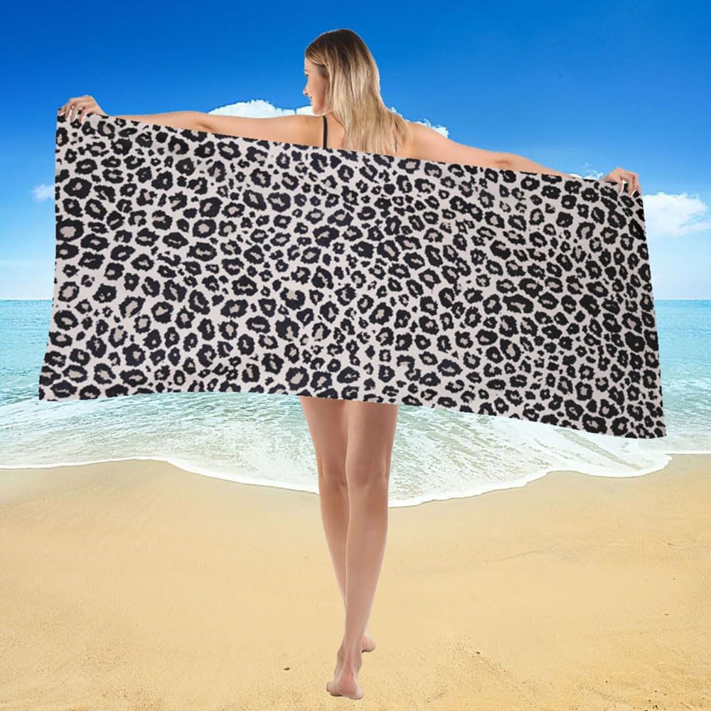 Extra Large Cute Black Leopard Beach Towels for Adult Girls, Big Oversized Thick Cheetah Print Microfiber Terry Cloth Sandproof Quick Dry 30 x 60