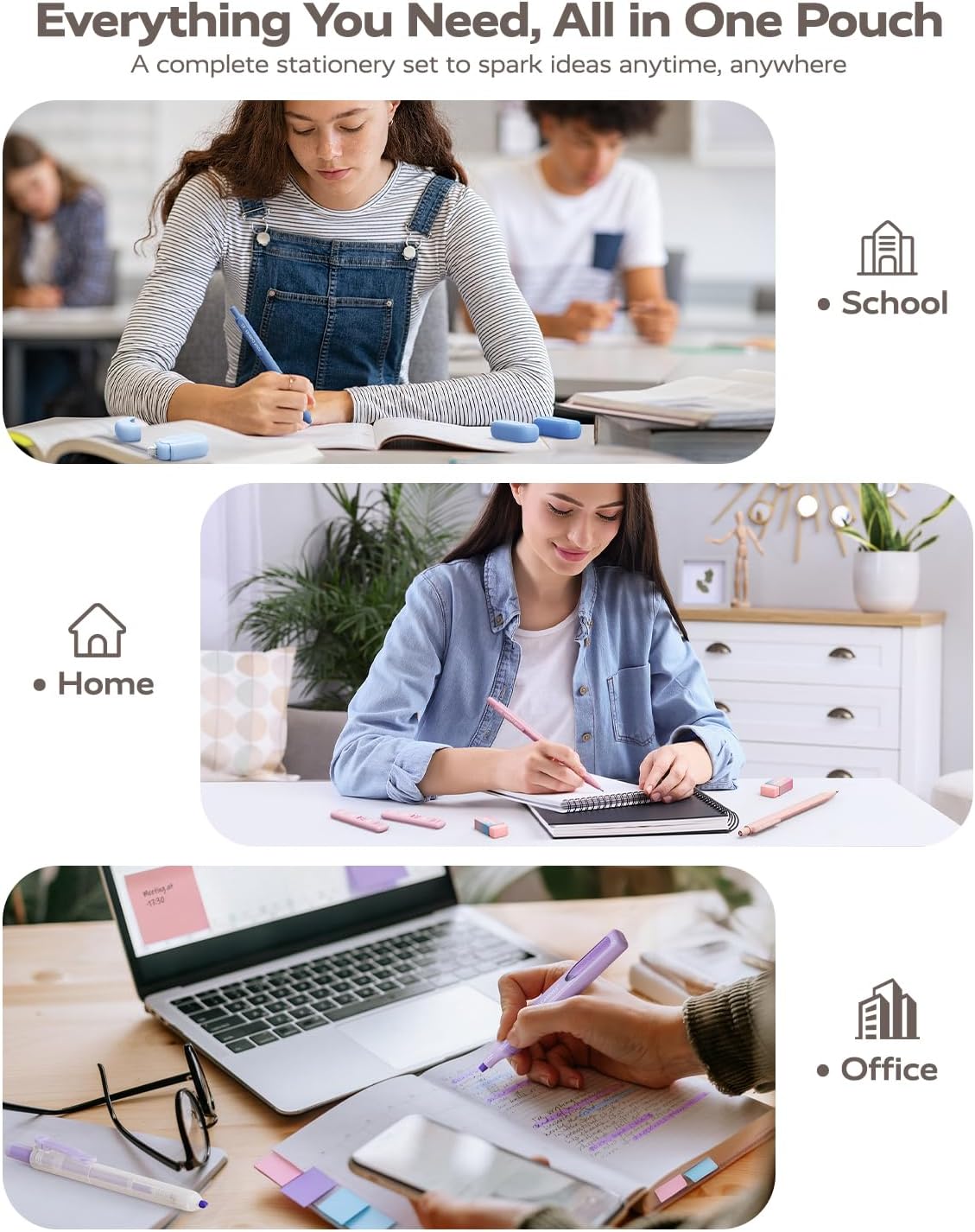 Four Candies Pink School Supplies with Case, Gel Pens with Black Ink, Correction Tapes, Pastel Highlighters, Mechanical Pencils, Sticky Notes, Index Post for Bible Study Stationary College Essentials