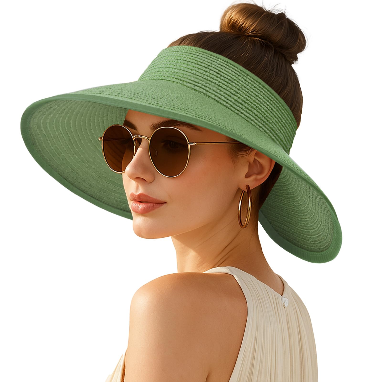 Women's Sun Visor Hats Wide Brim Straw Beach Hat Ponytail Hats for Women Foldable Floppy