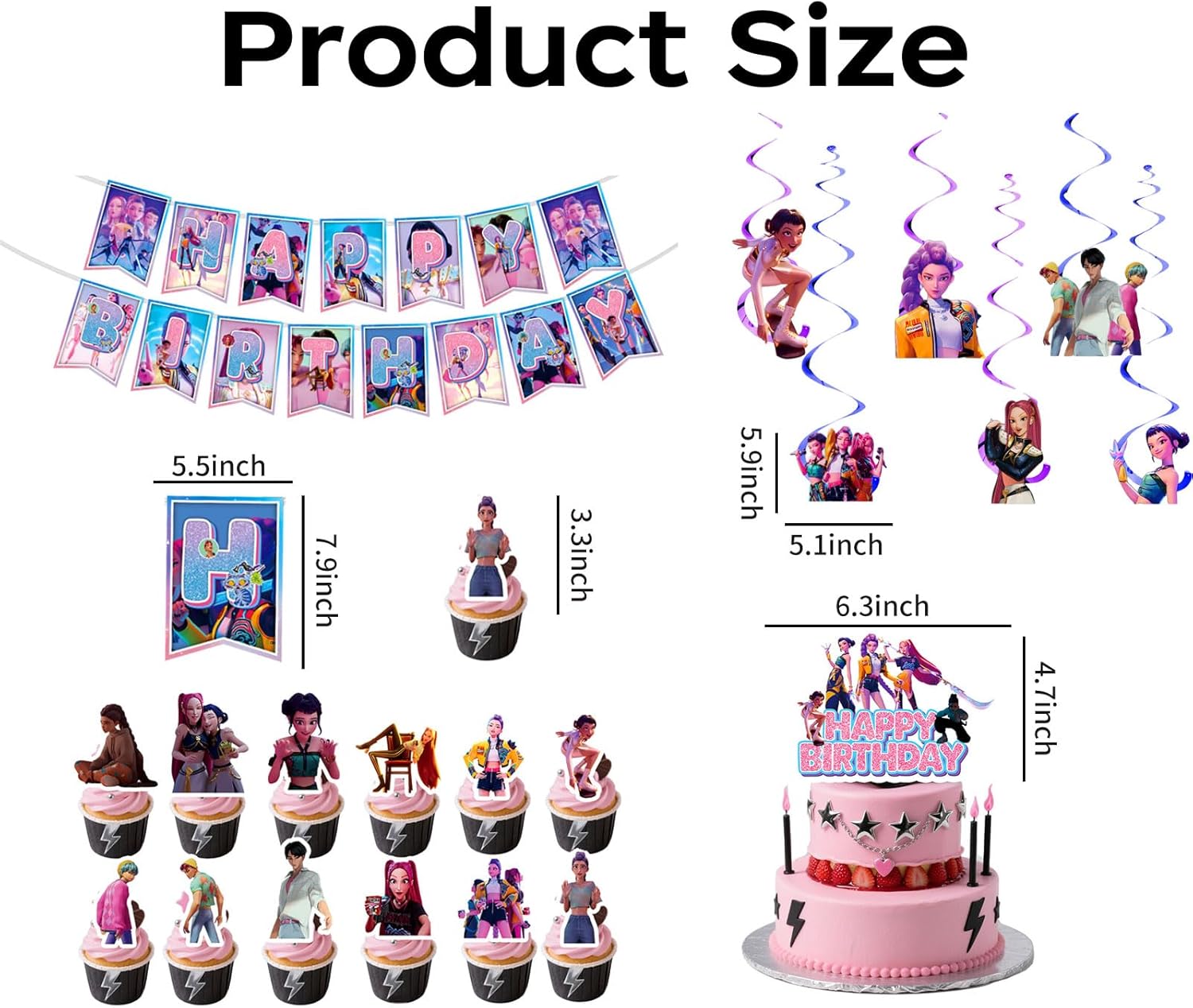 Anime Party Decorations, Cartoon Happy Birthday Decorations, K-pop Banner Suit, Includes Banners, Cake Toppers, Hanging, and Dessert Toppers