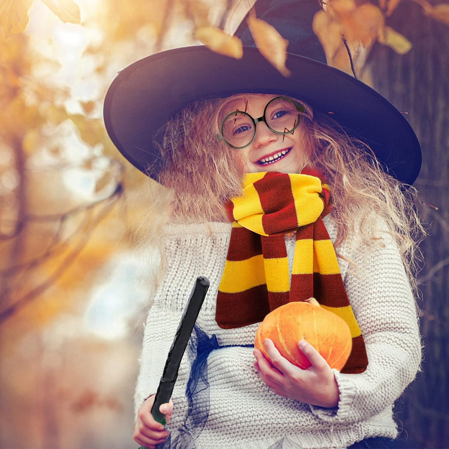 Wizard Costume Accessories Set Novelty Scarf Wizard Wand Glasses with Round Frame No Lenses Tattoos for Kids Birthday Party Cosplay Costume Accessories Halloween Party