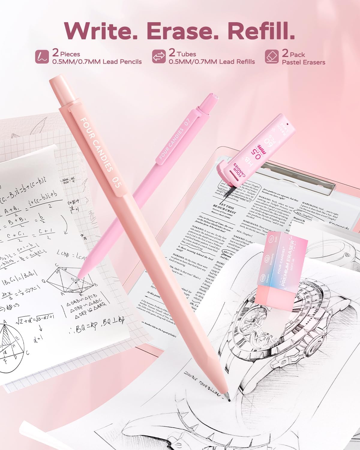 Four Candies Pink School Supplies with Case, Gel Pens with Black Ink, Correction Tapes, Pastel Highlighters, Mechanical Pencils, Sticky Notes, Index Post for Bible Study Stationary College Essentials