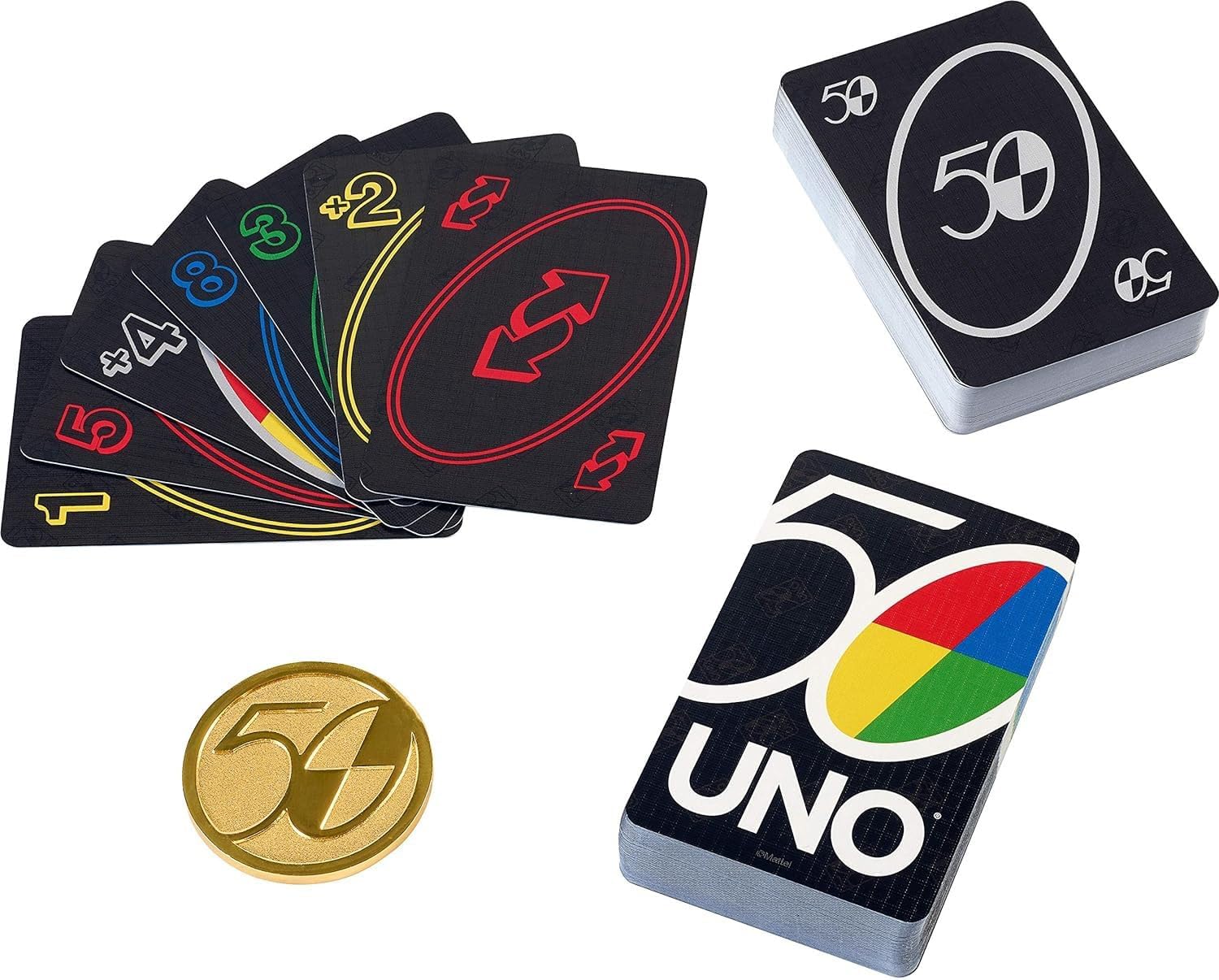 Mattel Games UNO Premium 50th Anniversary Edition Matching Card Game Featuring Commemorative Coin & 112 Cards, Game Night, Kids & Collectors Gift Ages 7 Years & Older.