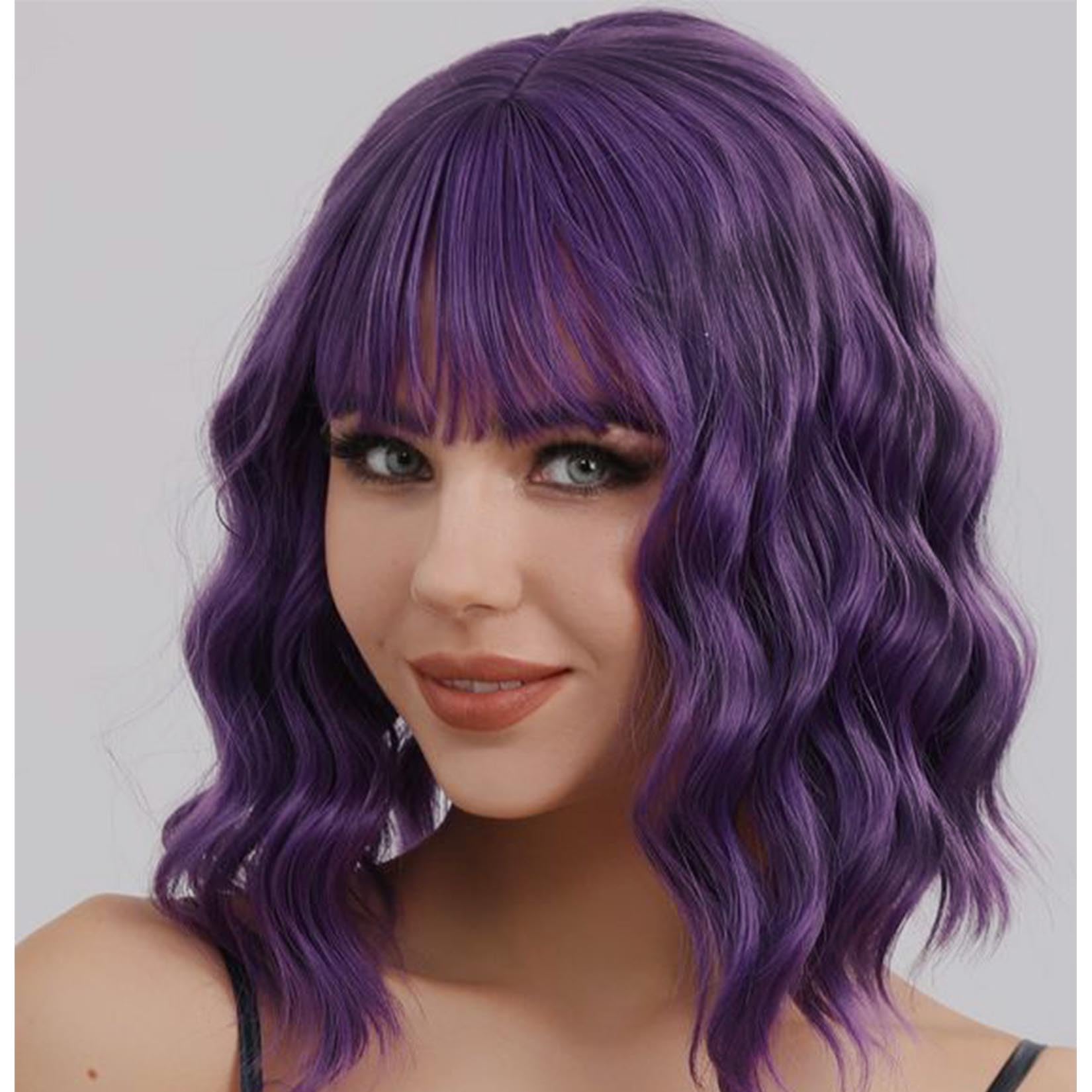 andromeda Purple Wig with Bangs Soft Short Bob Wavy Wigs for Women Synthetic Shoulder Length Women's Curly Wigs for Halloween Costumes Cosplay Daily (Purple)