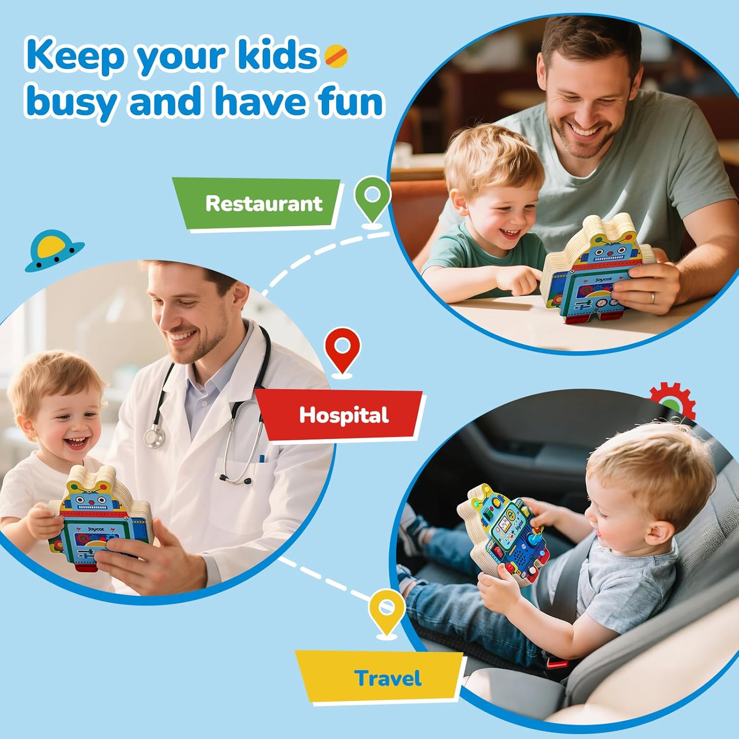 JoyCat Robot Busy Board with Led Light, Toddler Toys for 1 2 3 4 Year Old Boys and Girls, Wooden Sensory Toys with Voice Recording, Travel Toy for Toddlers 1-3, Birthday Presents