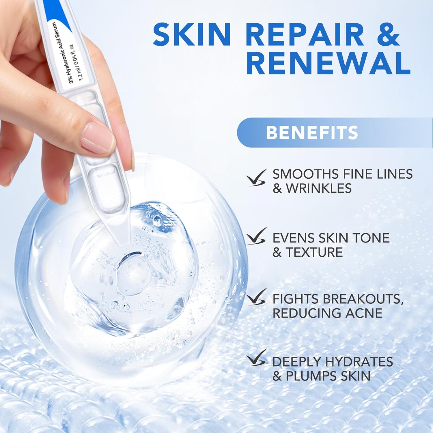 3% Hyaluronic Acid Serum for Face Ultra-Hydrating Vials Skin Care Tightes Skin, Non-greasy Formula, Absorbs Quickly, 30PCS 36ml