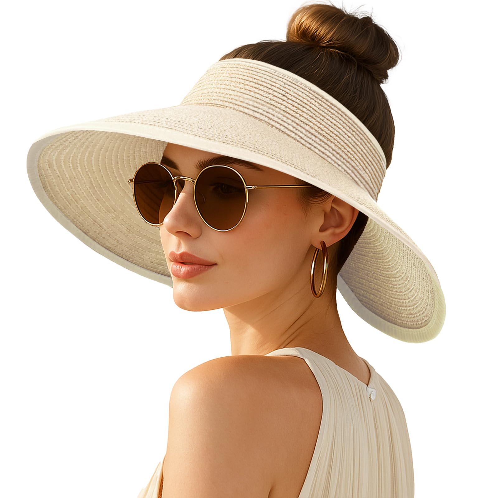 Women's Sun Visor Hats Wide Brim Straw Beach Hat Ponytail Hats for Women Foldable Floppy