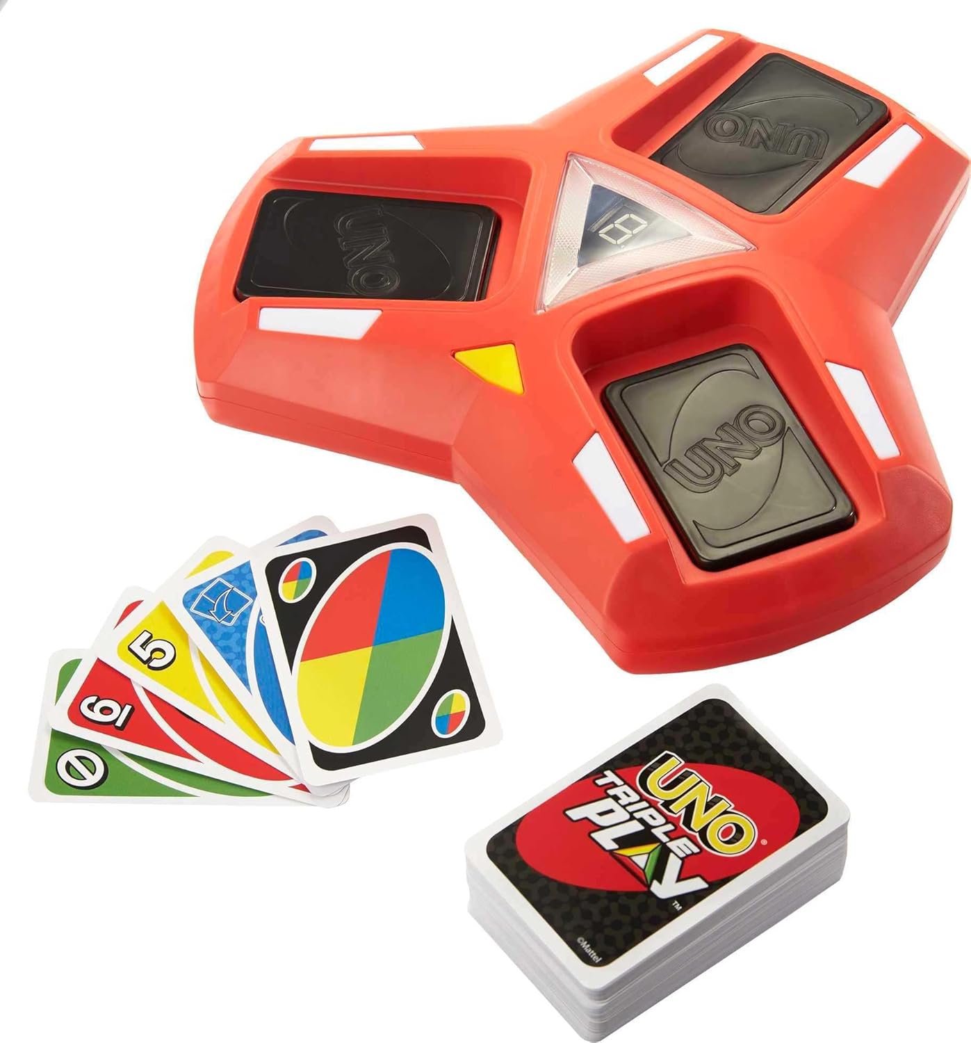 UNO Triple Play Card Game with Card-Holder Unit with Lights & Sounds & 112 Cards, Kid, Teen & Adult Game Night Gift Ages 7 Years & Older, HCC21