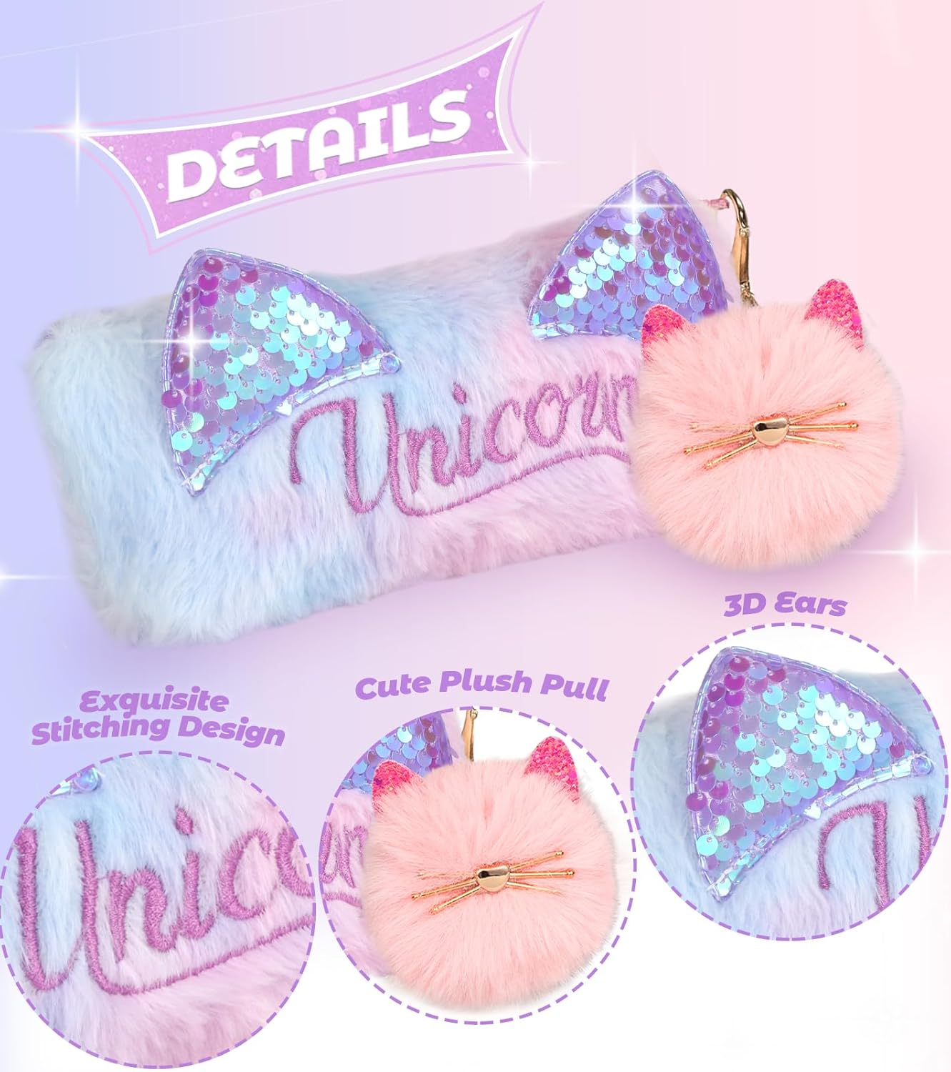 Cute Pencil Case for Girls - Back to School Stuff Zipper Pencil Case Aesthetic, Soft Plush Pen Bag for Students, Glitter Bling Study Supplies Stationery, Sparkly Cat Ear Sequin Makeup Bag