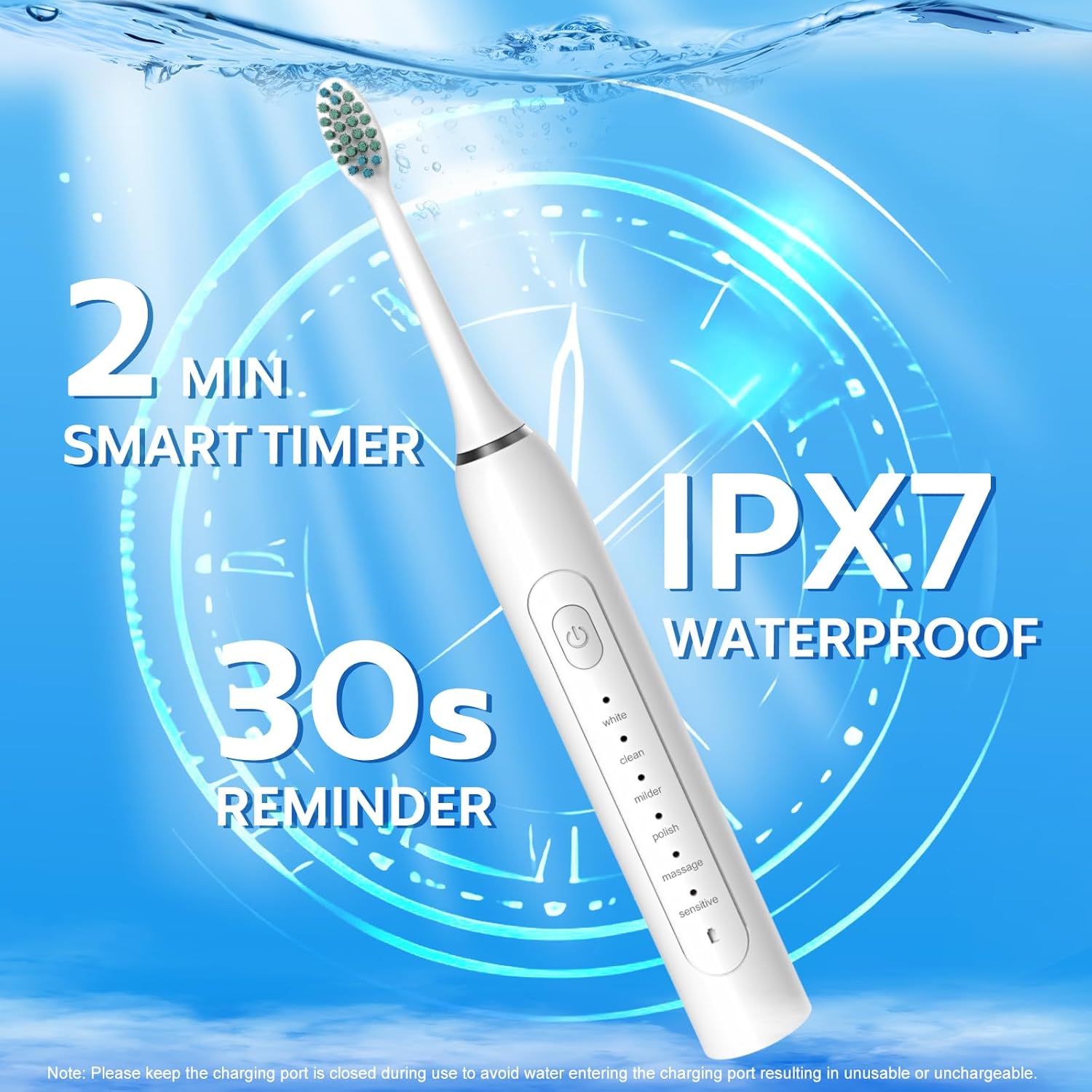 Waterproof Sonic Electric Toothbrush for Adults - 6 Modes with Pressure Sensor, Smart Timer，Rechargeable Toothbrushes with 8 Brush Heads,Whitening & Sensitive Teeth Care ,30 Days Long Battery Life