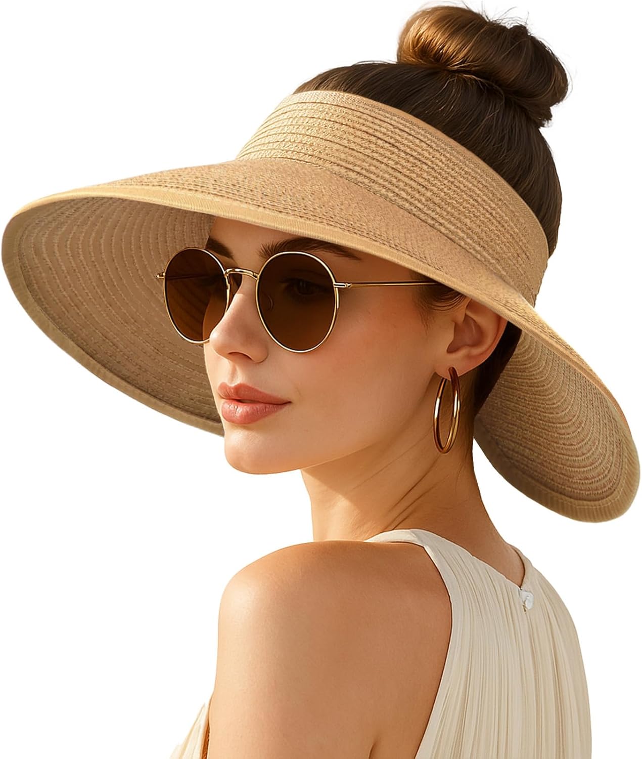 Women's Sun Visor Hats Wide Brim Straw Beach Hat Ponytail Hats for Women Foldable Floppy
