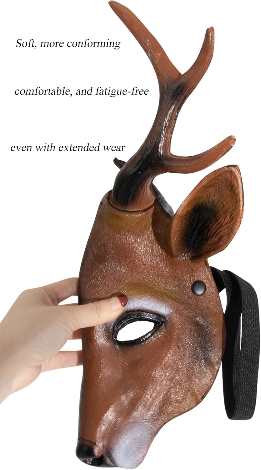 whitefeather Realistic 3D Deer Mask, PU Material, Brown, Halloween Costume Accessory, Antlered Creature Face Mask