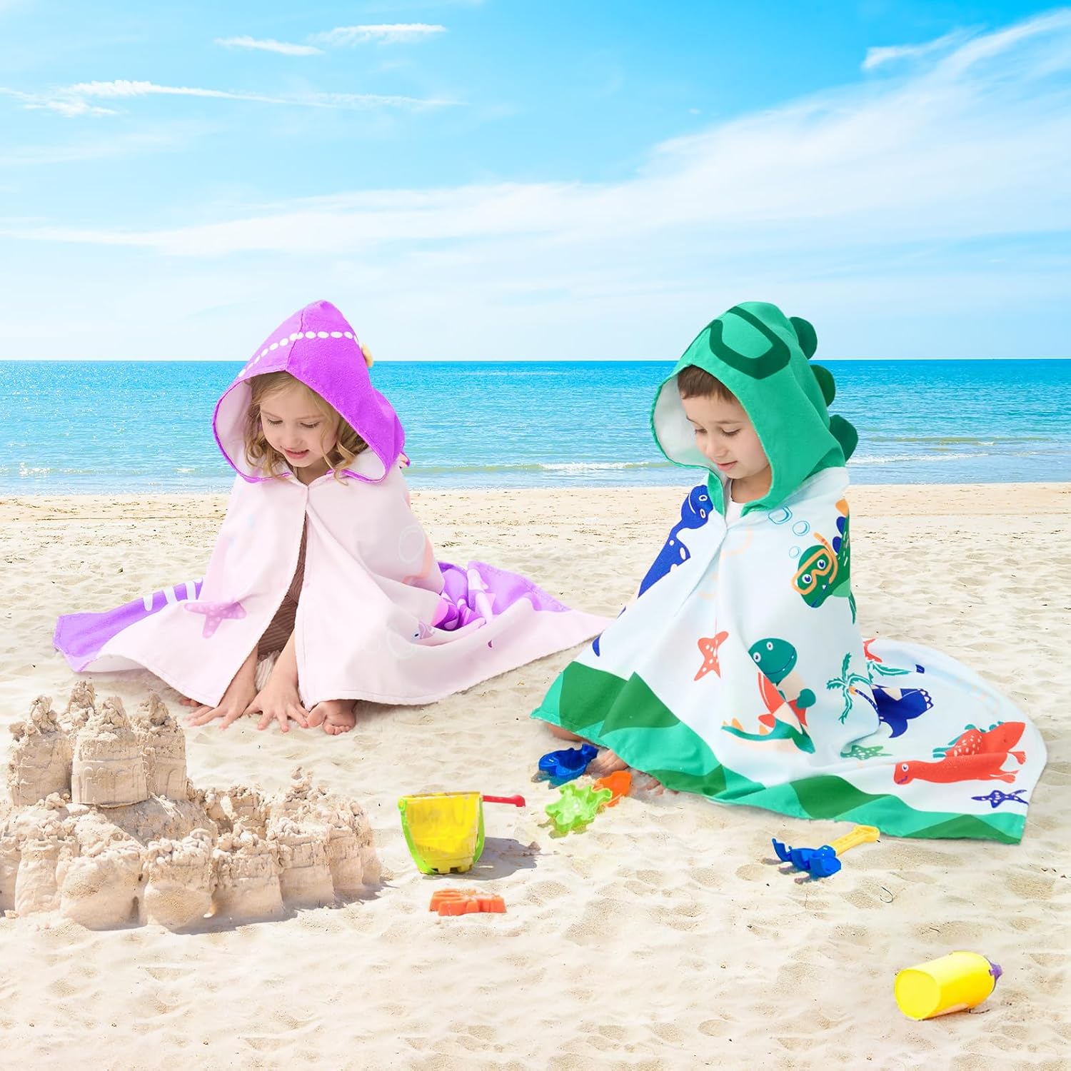 UOMNY Kids Beach Towels-Hooded Towels for Kids,Kids Hooded Bath Towel 30" x 50" for 3-10 Years,Pool Ponchos for Kids with Hood,Boys Beach Towel,Green Dinosaur