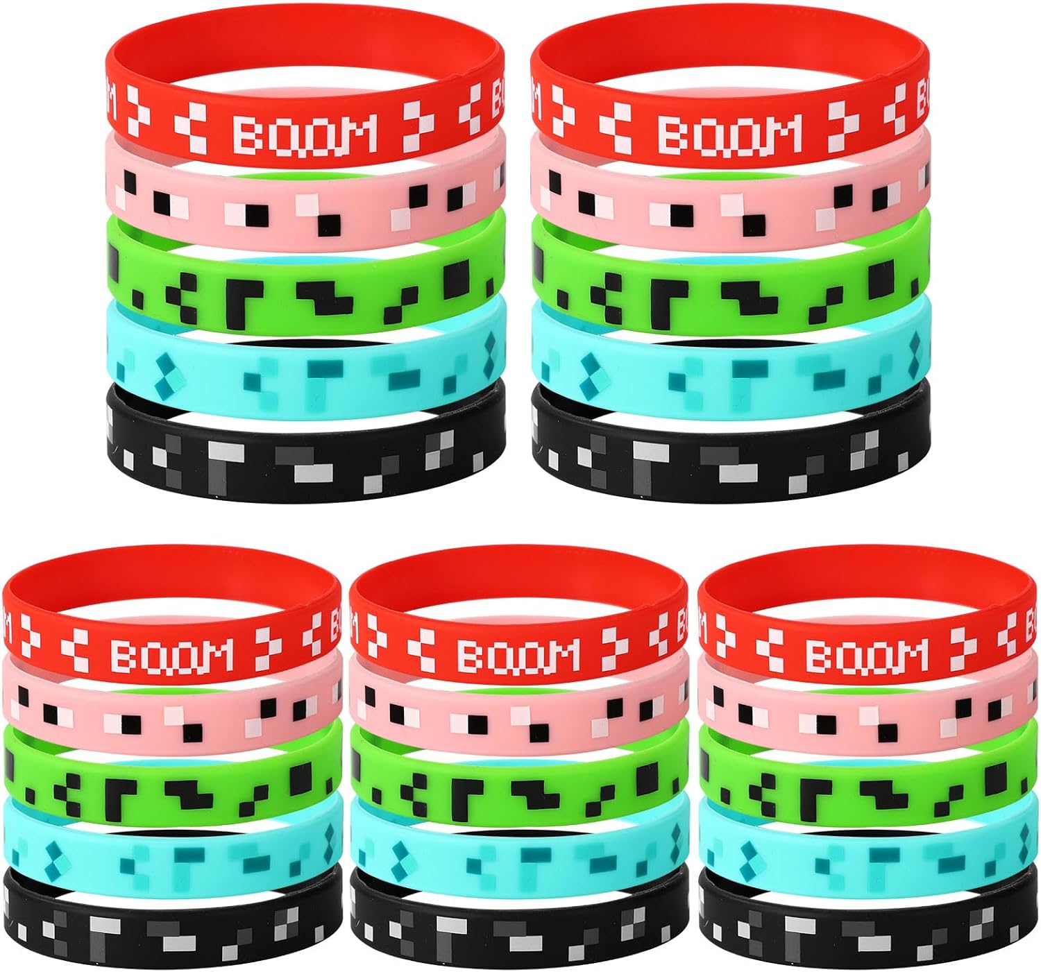 25pcs Pixel Silicone Bracelets, 5 Styles Pixel Theme Party Favors Gaming Themed Birthday Party Supplies Video Game Wristbands for Kids Teens Adults