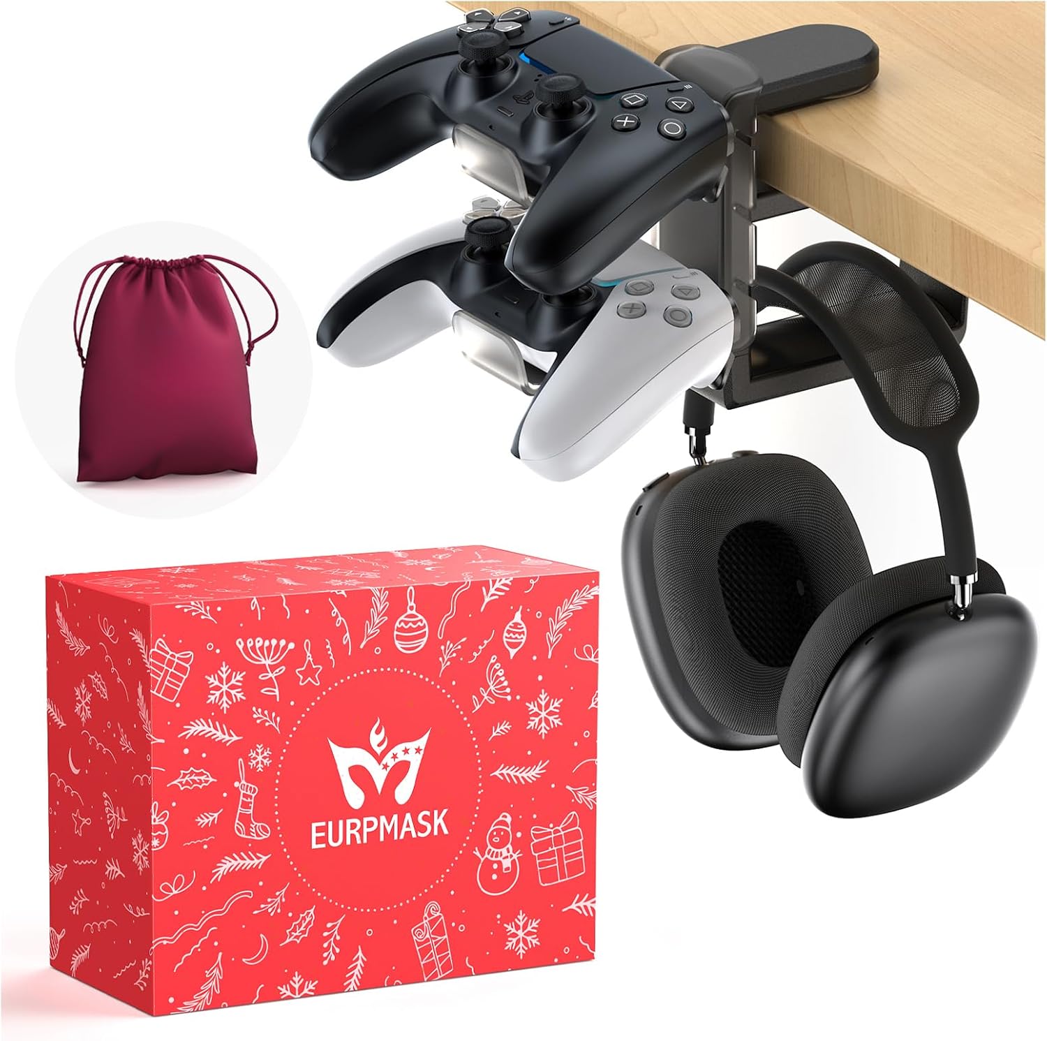 [Gift Set] 3-in-1 PC Gaming Headset&Controller Holder - EURPMASK Headphone Stand w/Adjustable Clamp&2 Controller Holder&Rotating Arm&Cable Organizer, PC Gaming Accessory Controller Headset Stand