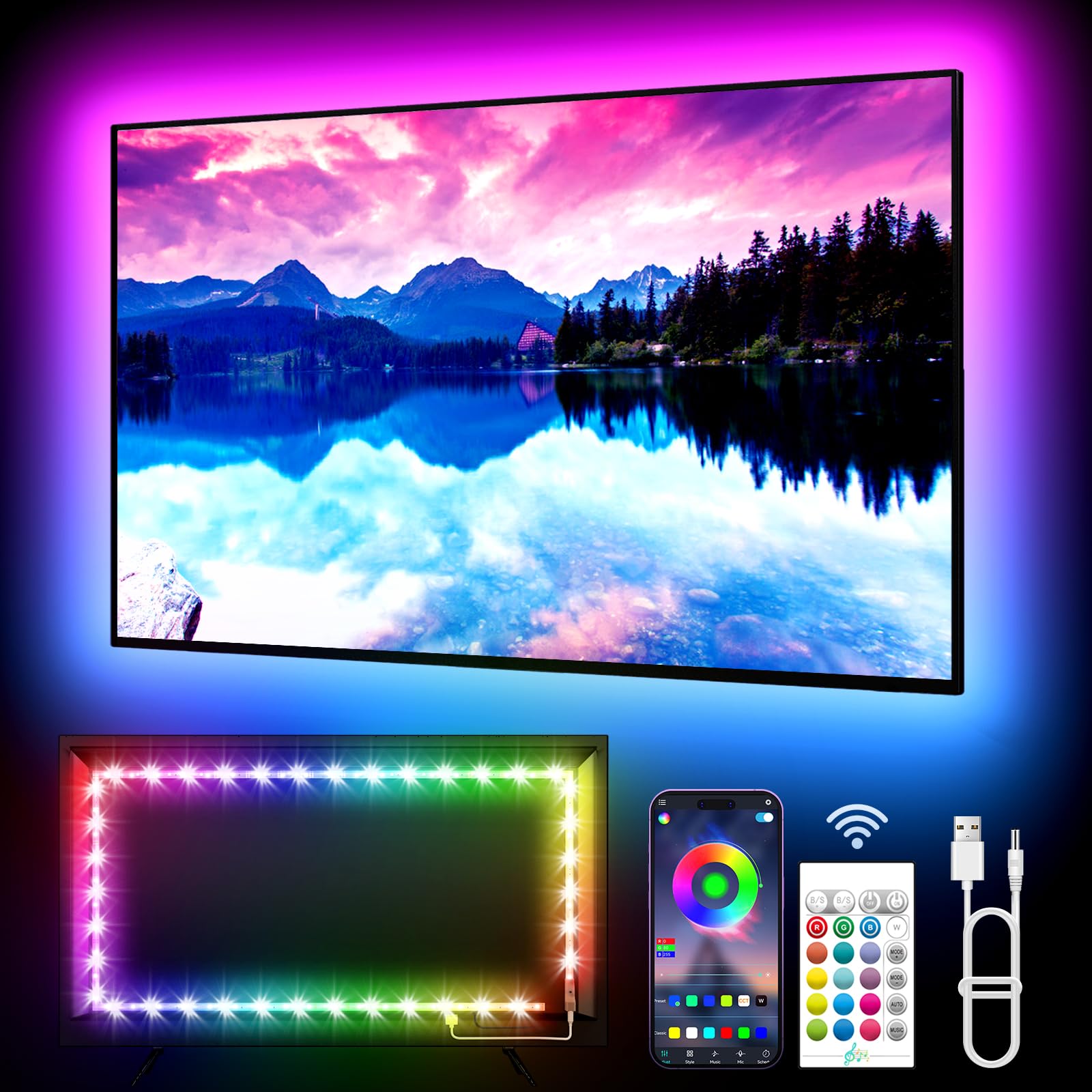 TV LED Lights, 11.5ft LED Lights for 32-55 Inch TV, RGB TV Backlight Behind with Remote, Music Sync Bluetooth APP Control Strip Lights USB Powered for Bedroom, PC, Gaming Monitor