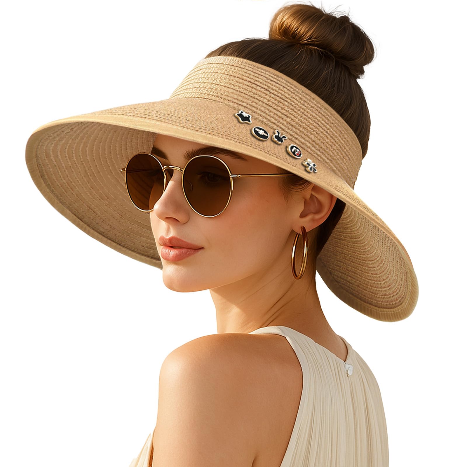 Women's Sun Visor Hats Wide Brim Straw Beach Hat Ponytail Hats for Women Foldable Floppy